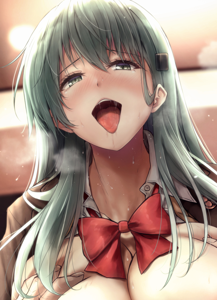 1boy breast_grab breasts brown_jacket cleavage female grabbing grabbing_another's_breast green_eyes green_hair hair_ornament hairpin highres huge_breasts jacket jk_ssma kantai_collection long_hair looking_pleasured open_mouth paid_reward_available pleasure pleasure_face pleasured pleasured_face red_ribbon ribbon school_uniform sex shirt straight suzuya_(kantai_collection) suzuya_kai_ni_(kantai_collection) teeth tongue tongue_out torogao upper_body upper_teeth_only white_shirt