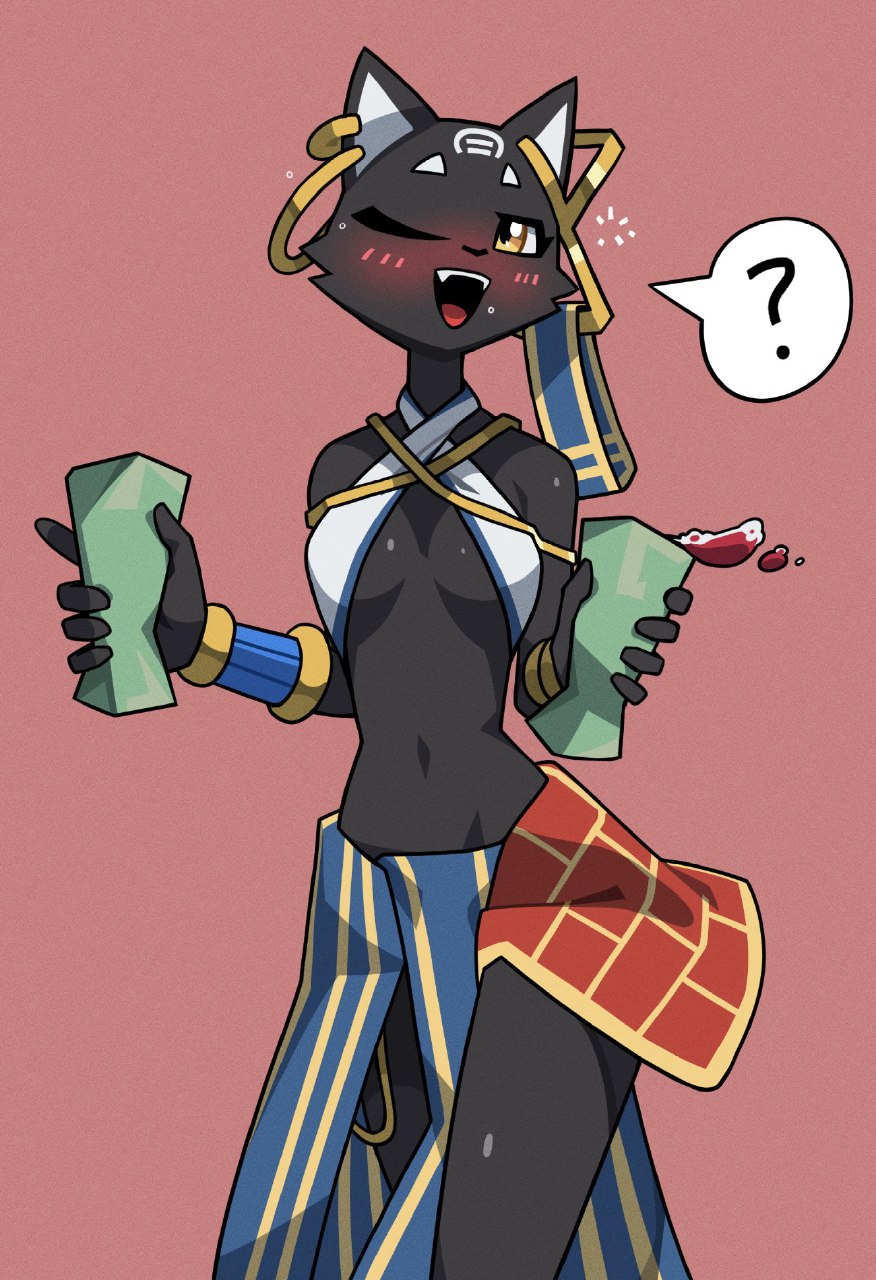 1girls 2023 ? black_body black_fur blush breasts cheek_tuft drink drunk ear_piercing earring egyptian_clothes fangs feline female female_only furry furry_only hazel_eyes navel nulia one_eye_closed open_mouth simple_background small_breasts tarahe teeth tongue