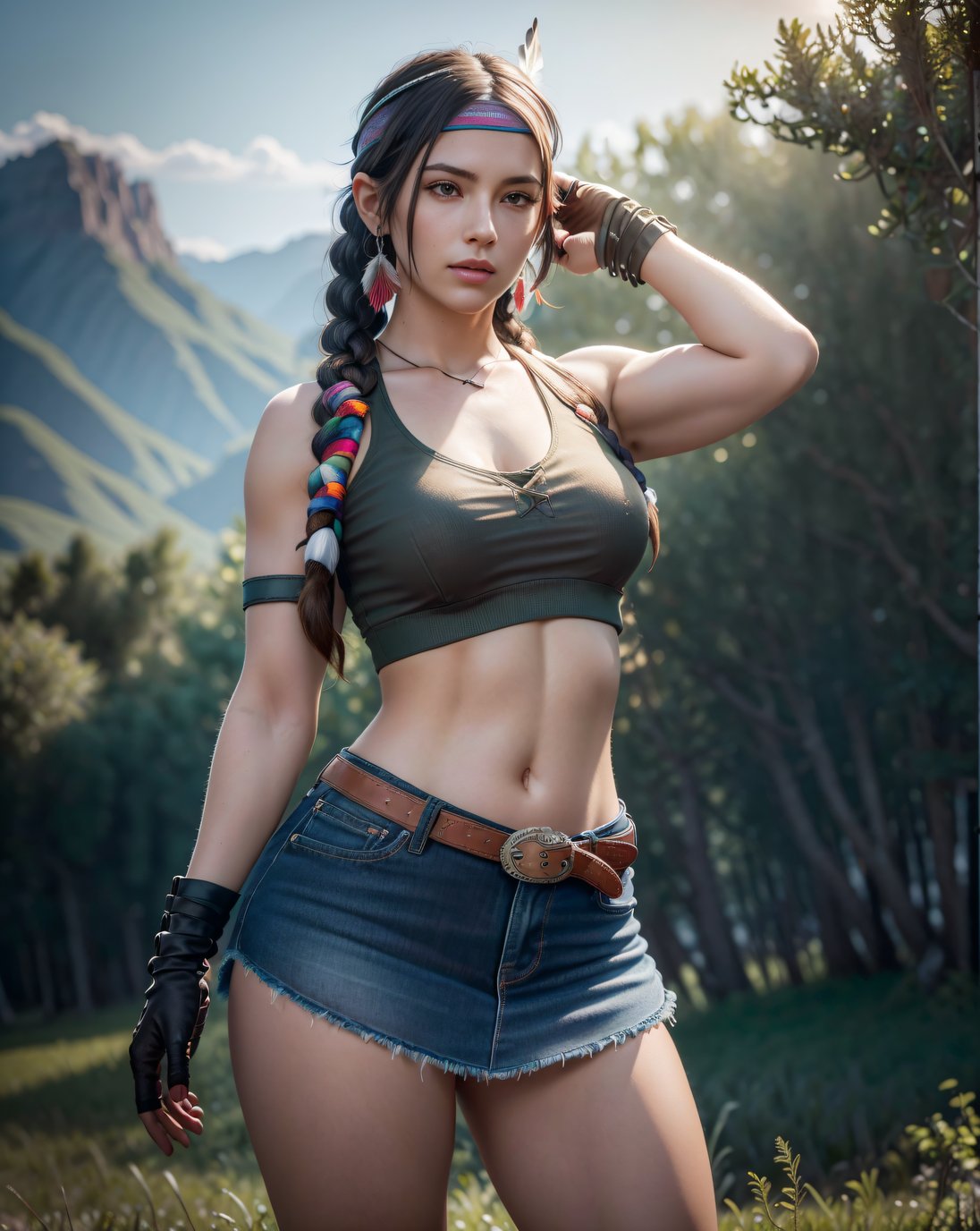 abs ai_generated belt belt_buckle braids brown_hair denim denim_skirt earrings female_abs forest gloves headband julia_chang legs mysmartarts skirt tekken tekken_3 tekken_4 tekken_5 tekken_5_dark_resurrection tekken_6 tekken_7 tekken_8 tekken_tag_tournament tekken_tag_tournament_2