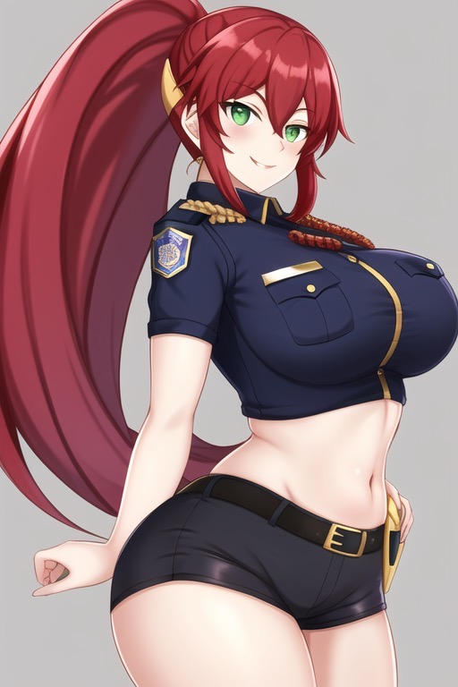 1girls, ai generated, big breasts, black shorts, breasts, clothing, curvaceous, curvy female, female, female only, huge breasts, large breasts, light skin, light-skinned female, nai diffusion, police uniform, policewoman, pyrrha nikos, rwby, short shorts, stable diffusion, standing, thick, thick thighs, transformationwitch, voluptuous, voluptuous female