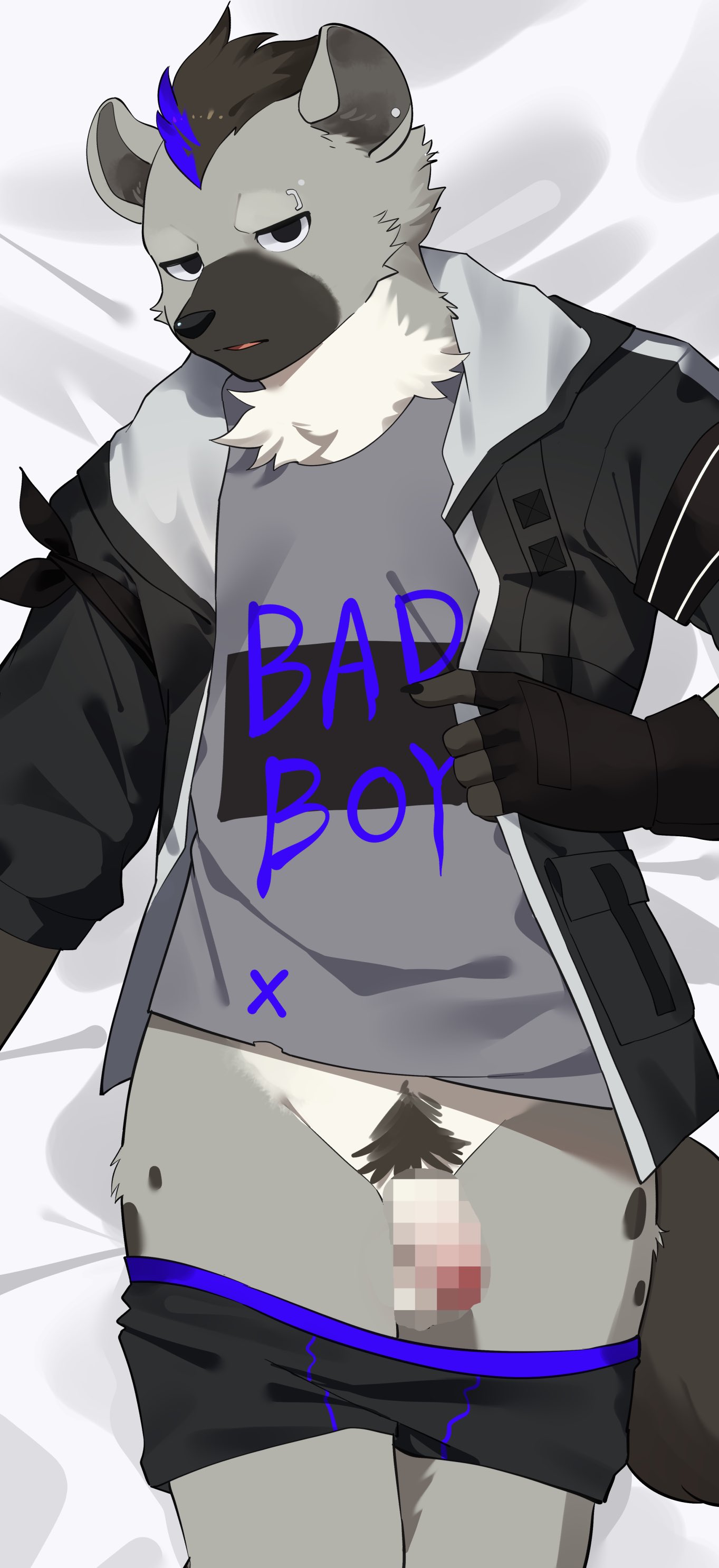 2023 absurd_res agitoryuusaki anthro arknights black_hair blue_hair censored clothed clothing dakimakura_design eyebrow_piercing facial_piercing fingerless_gloves fur gloves grey_body grey_fur hair handwear hi_res hyena hypergryph jacket looking_at_viewer male mammal partially_clothed piercing pubes shirt solo spot_(arknights) spotted_hyena studio_montagne t-shirt topwear underwear underwear_down white_body white_fur