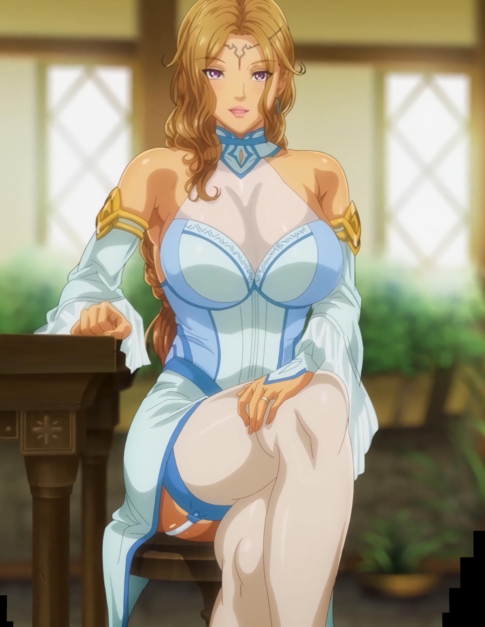 1girls, 2020s, 2023, 20s, 2d, animated, ass, breasts, brown hair, cleavage, clothing, female, large breasts, looking at viewer, milf, okusama no kaifukujutsu the animation, pink pineapple, purple eyes, screencap, screenshot, stitched, thick thighs, thighhighs, thighs