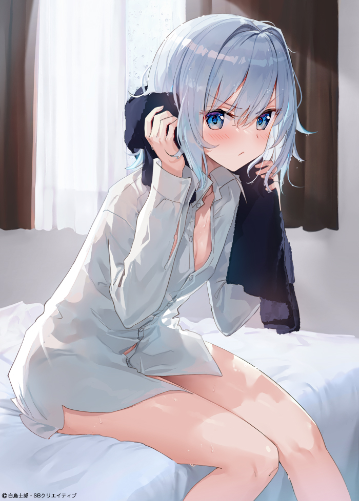 1girls :/ artist_request bed blush fuumi_(radial_engine) light_blue_hair looking_at_viewer on_bed ryuuou_no_oshigoto! sitting sora_ginko towel wet wet_clothes white_shirt