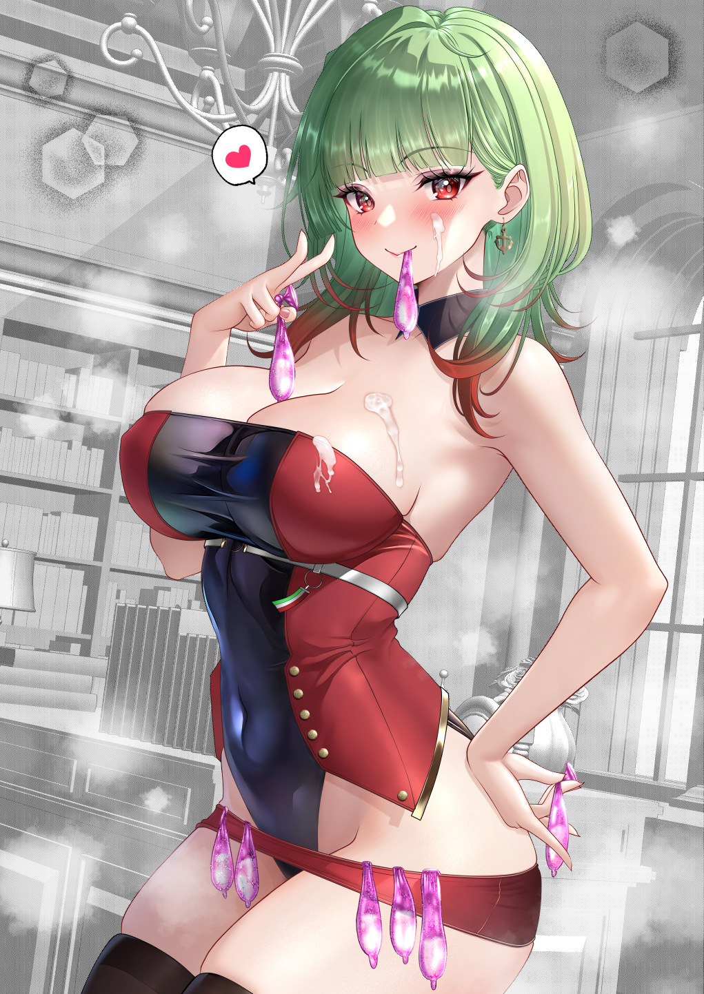 1girls azur_lane bare_shoulders black_leotard black_thighhighs breasts closed_mouth condom_belt condom_in_hand condom_in_mouth condoms cum cum_on_body cum_on_breasts detached_collar earrings facial female female_only giuseppe_garibaldi_(azur_lane) green_hair hand_on_own_hip heart highres holding holding_condom indoors jewelry large_breasts leotard light-skinned_female light_skin looking_at_viewer mouth_hold multicolored_hair multiple_condoms pink_condoms red_eyes red_leotard sardegna_empire_(azur_lane) skindentation smile solo spoken_heart streaked_hair studiopokotan thighhighs thighs two-tone_leotard used_condoms