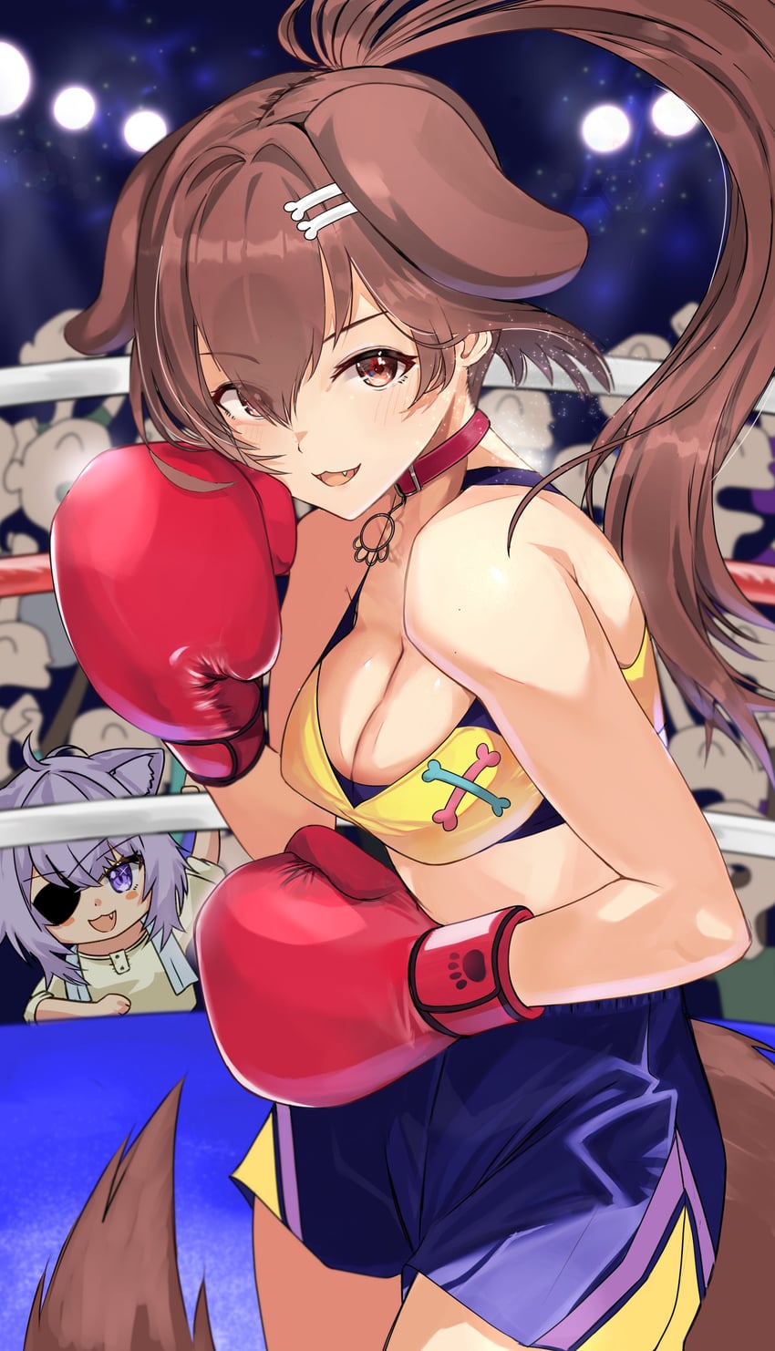 2girls, alternate costume, alternate hairstyle, animal collar, animal ears, bone hair ornament, boxing, boxing gloves, boxing ring, breasts, brown, brown hair, bxoing, cat ears, cleavage, collar, dog ears, dog girl, eyepatch, female, gloves, hair ornament, hairclip, hololive, hololive gamers, hololive japan, inugami korone, listener (inugami korone), long hair, looking at viewer, medium breasts, multi ear, multiple females, multiple girls, nekomata okayu, open mouth, ponytail, purple eyes, purple hair, red boxing gloves, red gloves, short hair, shorts, smile, solo focus, strapless, towel, towel around neck, tubetop, very long hair, virtual youtuber