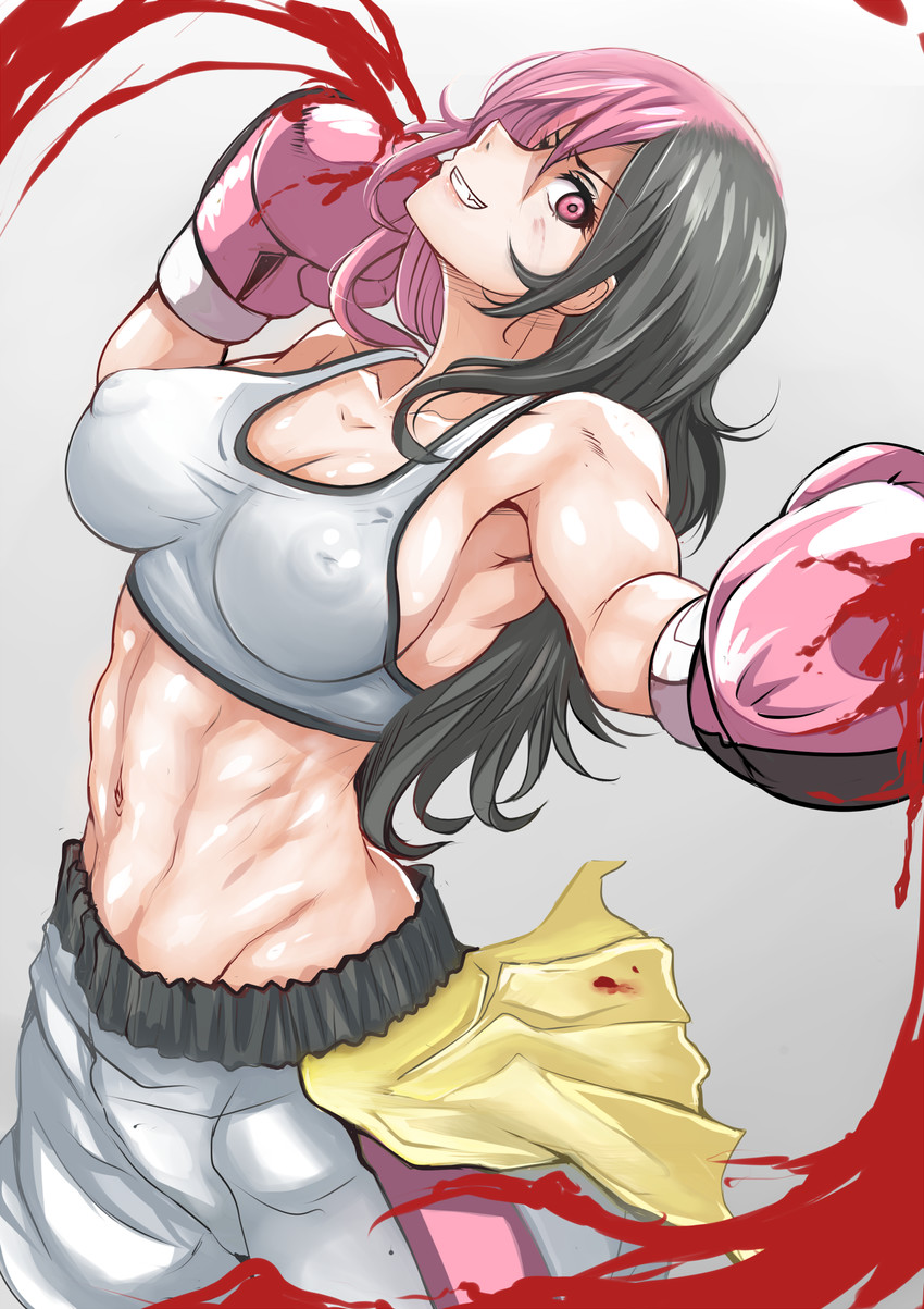 1girls :d abs armpits bare_shoulders black_hair blood boxing boxing_gloves boxing_shorts breasts brown_hair covered_nipples crop_top female female_only grin large_breasts light-skinned_female light_skin long_hair looking_at_viewer midriff multicolored_hair muscular muscular_female navel neo_(rwby) no_bra nonoririn oerba_yun_fang open_mouth pink_eyes pink_hair rwby shorts sideboob smile solo split-color_hair sports_bra tank_top teeth toned two-tone_boxing_gloves two-tone_gloves two-tone_hair white_sports_bra