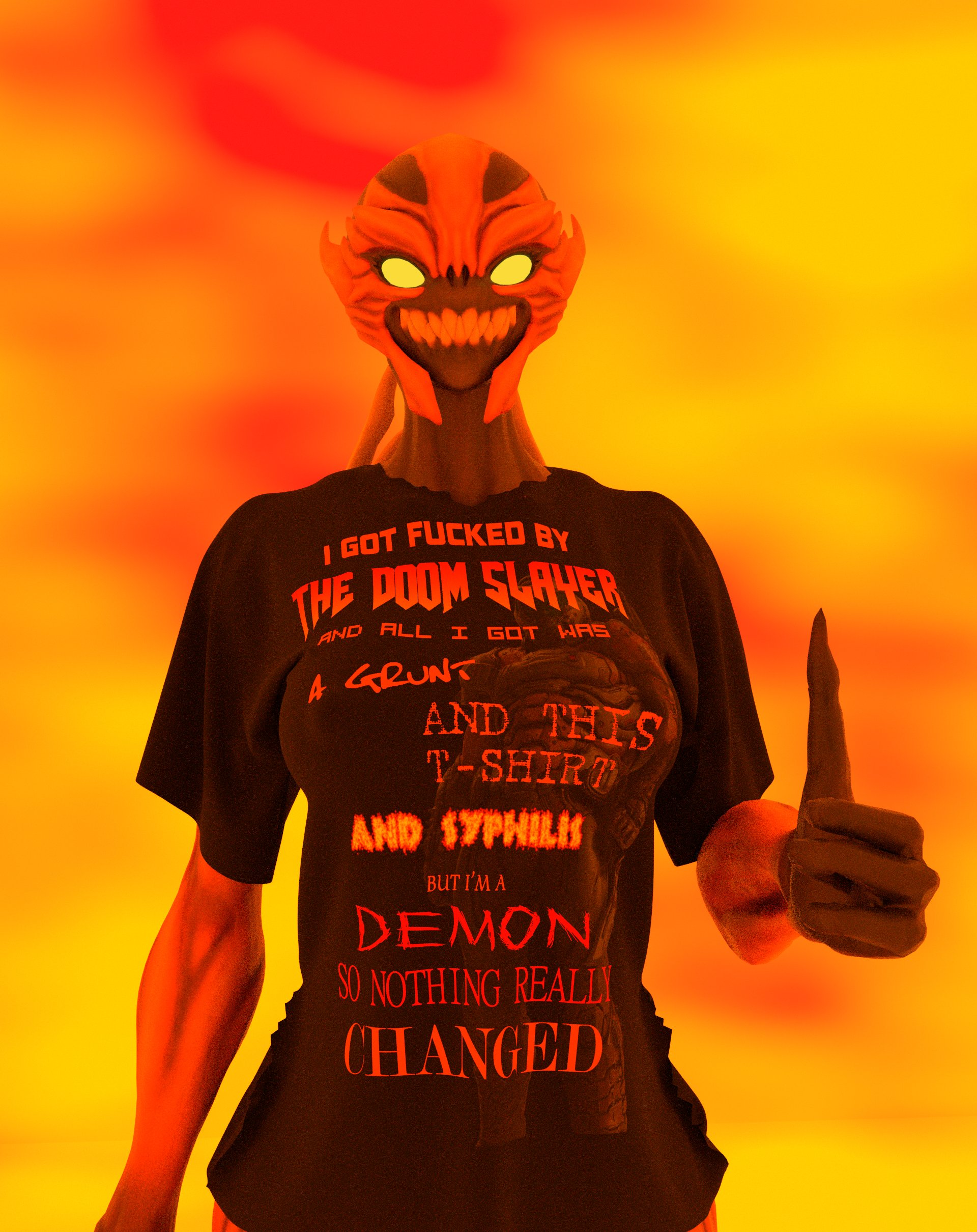 1girls, 3d, bleatway, breasts, clothing, doom, english text, female, female only, hips, imp (doom), looking at viewer, text, thumbs up, yellow eyes