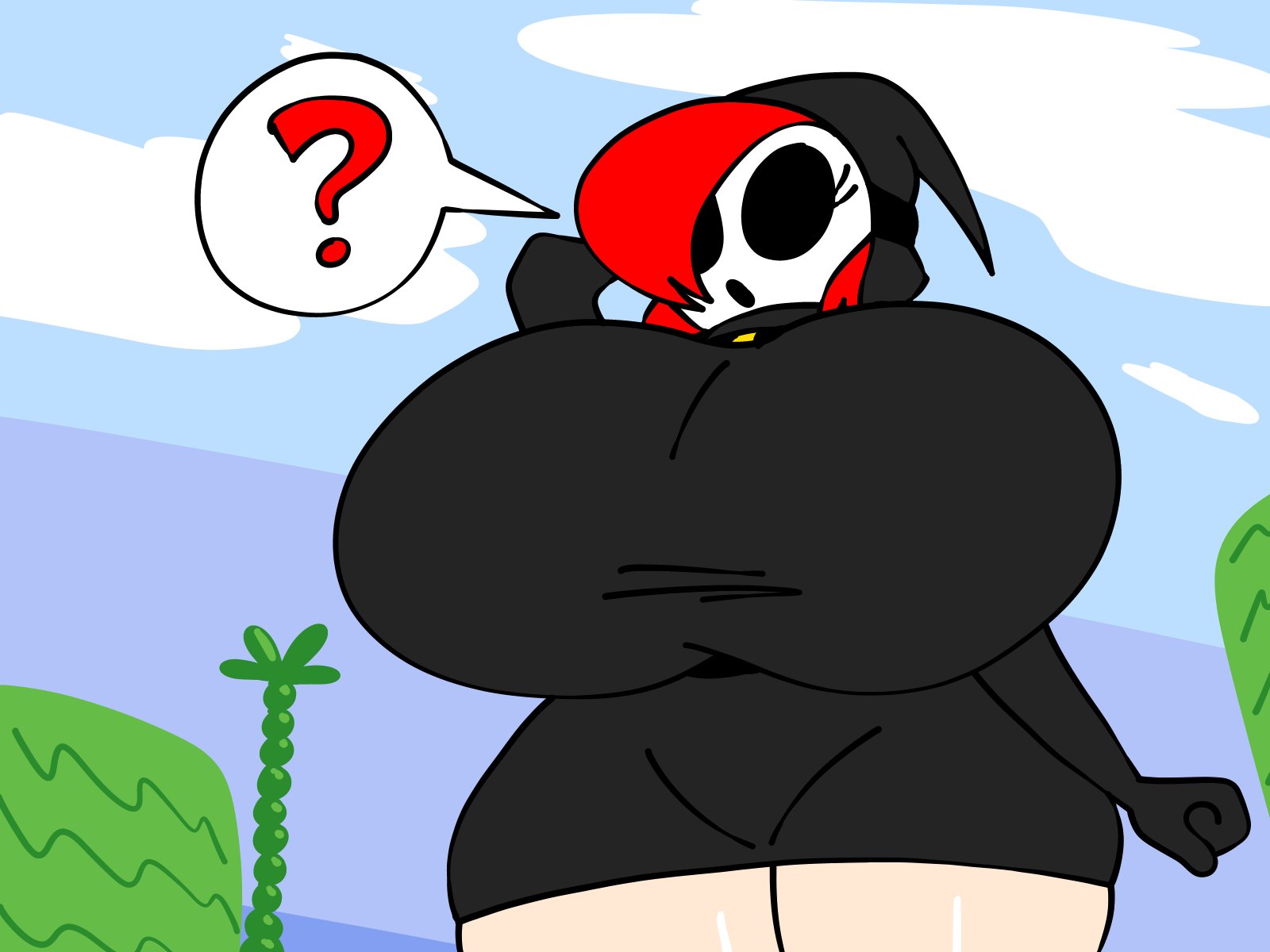 ?, 1girls, 2023, 2d, 2d (artwork), 2d artwork, big breasts, big tits, black clothing, breasts bigger than head, choker, clothed, clothing, color, colored, eyelashes, female focus, female only, gremlingrounded, hourglass figure, hourglass figured female, mario (series), mask, masked female, nintendo, outdoors, question mark, red hair, robe, shy gal, shy gal black, solo, solo female, solo focus, speech bubble, super mario bros. 2, thick thighs, white mask