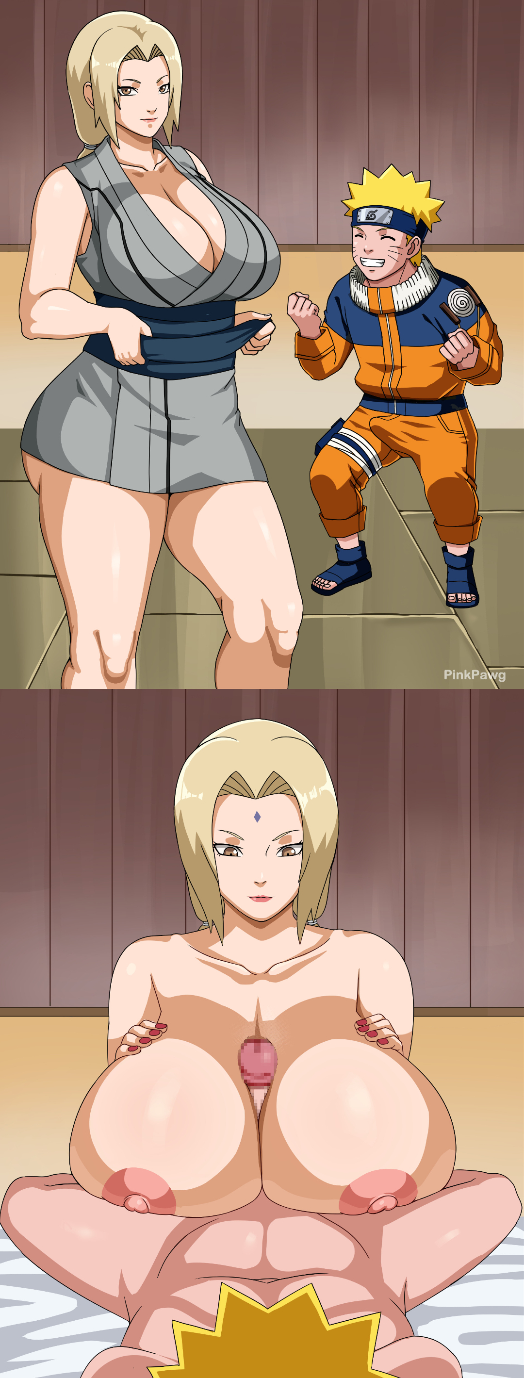 age difference, ass, big ass, big breasts, big butt, bigger female, blonde female, blonde hair, breasts, collage, curvy, curvy figure, erect penis, female, huge breasts, huge thighs, light skin, light-skinned female, light-skinned male, looking at penis, looking at viewer, male, mature, mature female, milf, naruto, naruto (classic), naruto (series), no pants, paizuri, penis, pinkpawg, smaller male, smile, smiling at viewer, tsunade, uzumaki naruto, voluptuous, voluptuous female