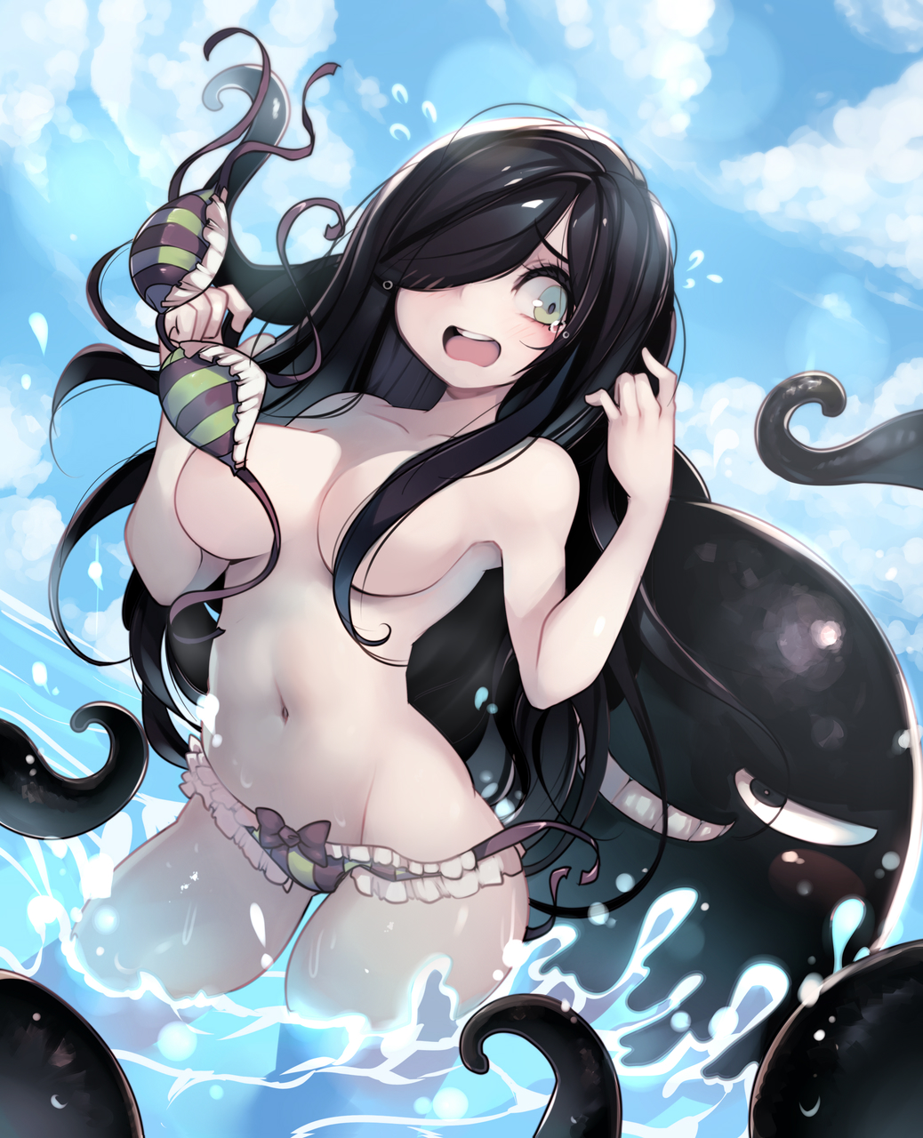 1girls 2023 aria_(parororo) aria_wintermint ass_visible_through_thighs beach big_breasts bikini bikini_bottom_only bikini_top_removed black_hair black_tentacles blush blush_lines breasts censored_nipples clothing collarbone convenient_censoring female female_only frilled_bikini frills green_eyes groin hair_censor hair_over_one_eye imminent_rape long_hair navel nervous no_bra open_mouth original parororo perky_breasts round_breasts round_teeth sky solo spread_legs stomach striped_bikini striped_clothing summer swimsuit tears teeth tentacle tentacles tentacles_on_female thighs tongue topless wading wardrobe_malfunction wide_eyed wide_hips