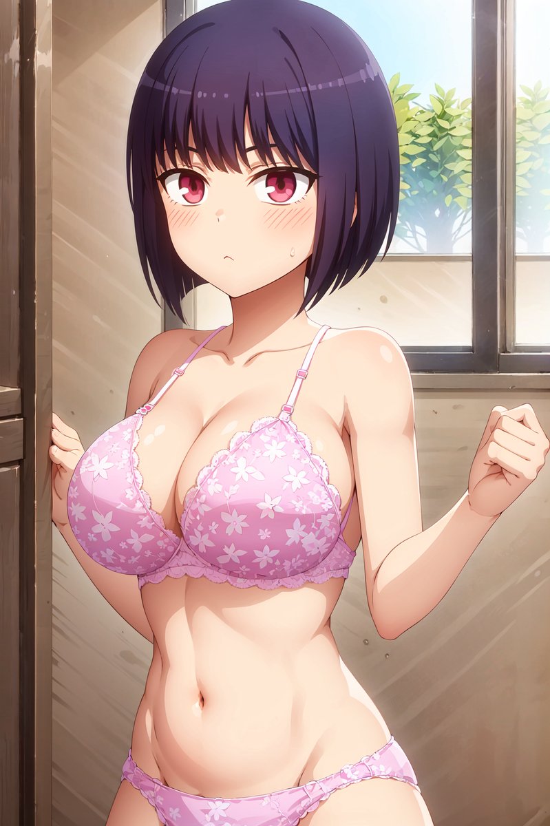 1girls ai_generated big_breasts blush bra breasts busty cleavage clothed clothing curvy female_focus female_only hana_sunomiya large_breasts looking_at_viewer medium_hair navel panties pink_bra pink_panties please_don't_bully_me,_nagatoro pose purple_hair red_eyes revealing_clothes short_hair solo stable_diffusion standing sweat underwear wide_hips