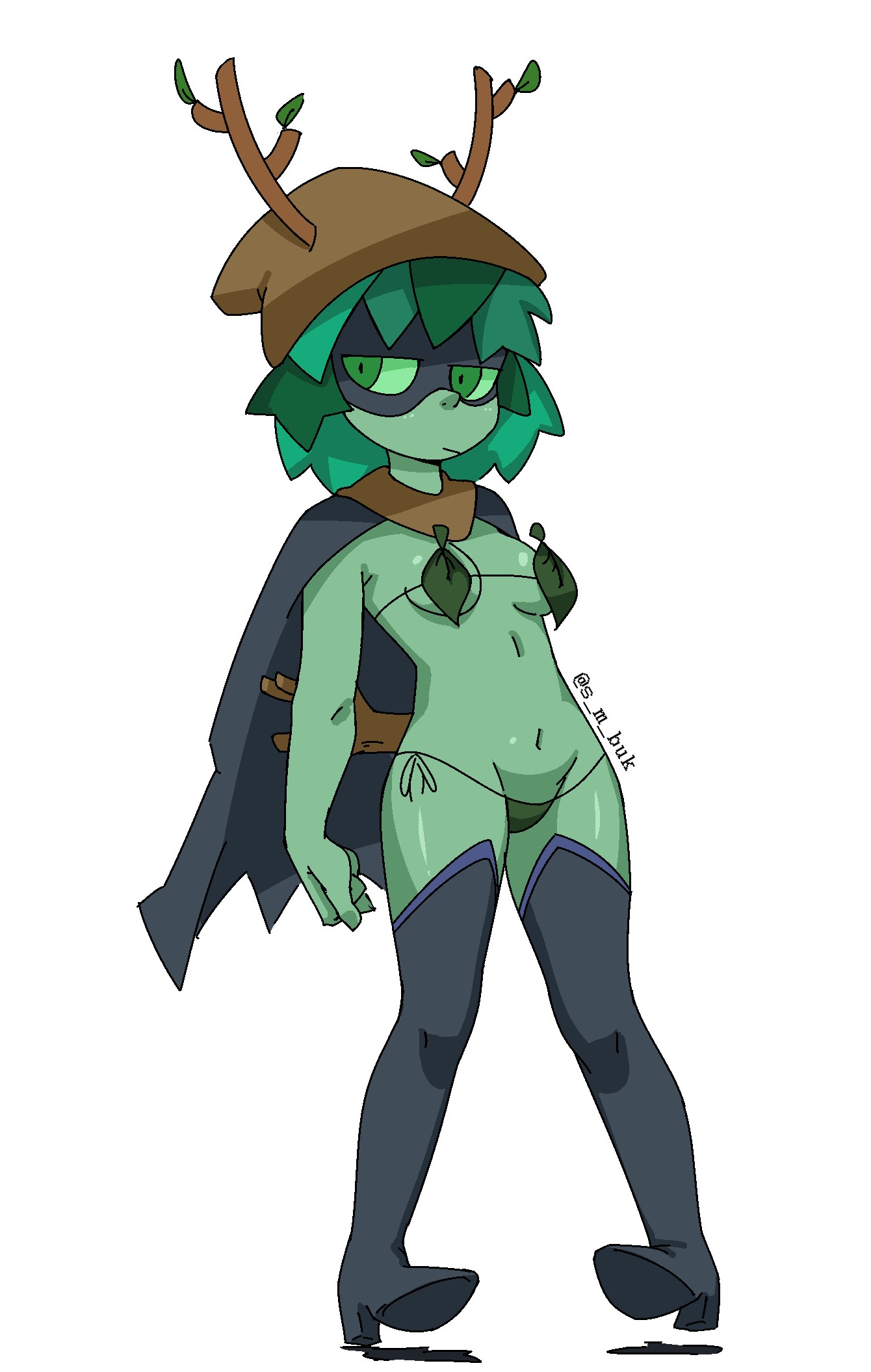 :/, 1girls, adventure time, arms behind back, boots, breasts, cape, cartoon network, clothing, female, female only, footwear, glove, green body, green eyes, green hair, green skin, hat, headwear, heeled boots, heels, high heel boots, high heels, hips, huntress wizard, leaf, leaf bikini, long legs, looking to the side, mask, masked female, medium breasts, navel, side-tie bikini, smbuk, solo, thigh boots, thigh highs, thighhigh boots