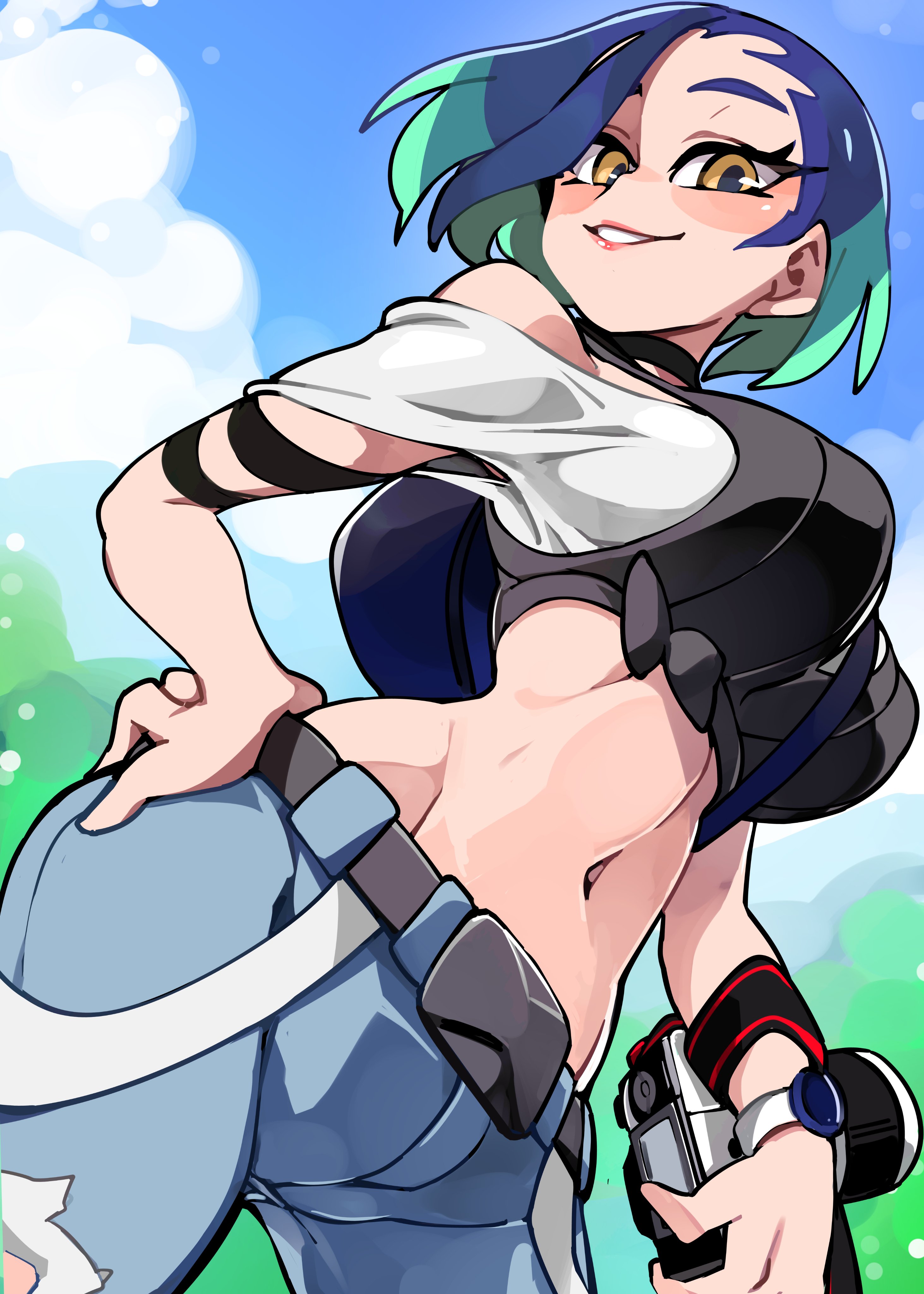 1girls, absurd res, amber eyes, blonde hair, blue hair, bongfillstudent, crop top, female, female only, green hair, hand on hip, looking at viewer, medium hair, multicolored hair, navel, nintendo, outdoors, perrin (pokemon), pokemon, pokemon sv, short hair, smartwatch, smiling, smiling at viewer, solo, streetwear, thin, thin female, three-tone hair, tomboy, viewed from below, watch