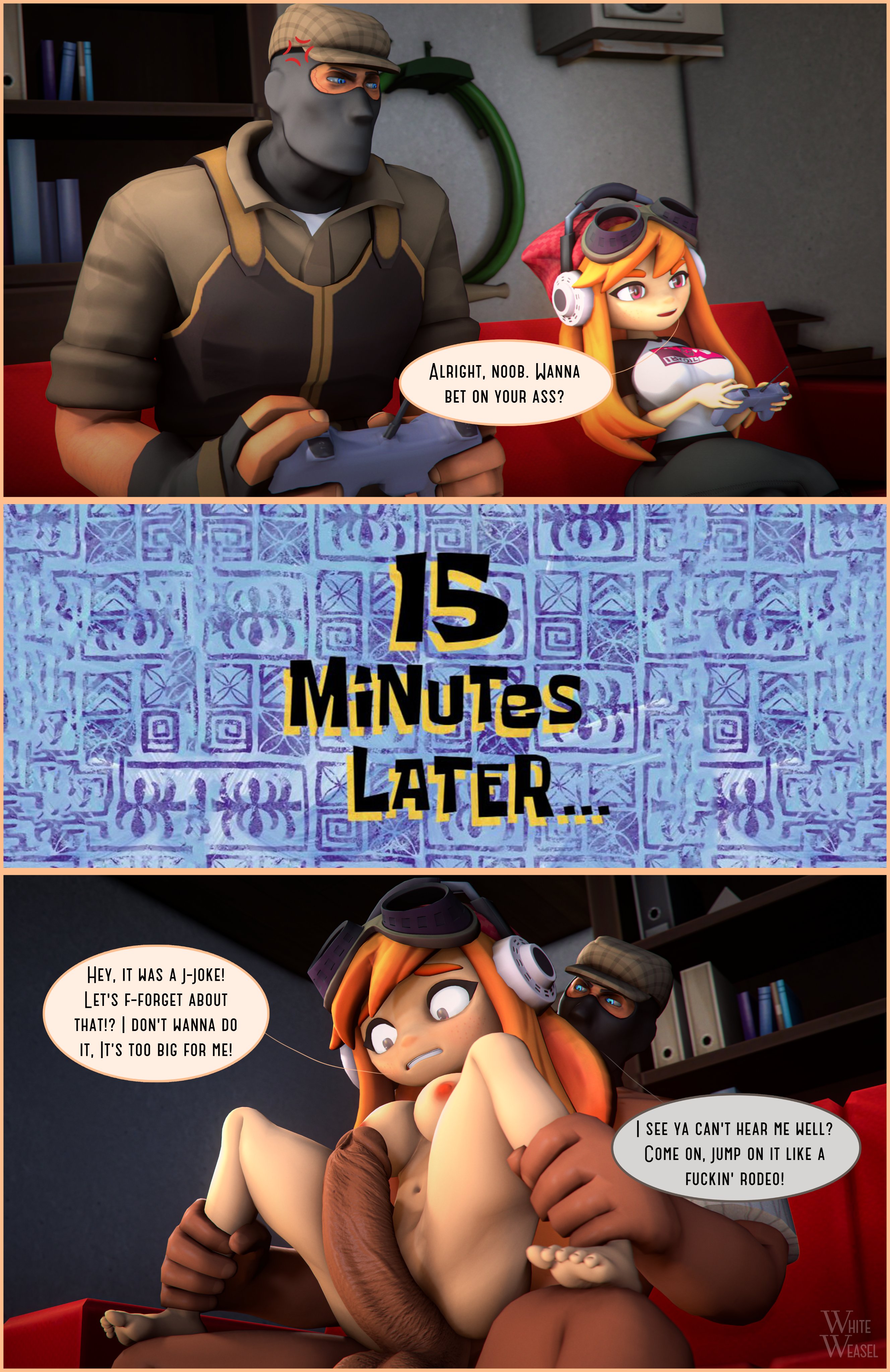1boy, 1girls, 3d, 3d (artwork), beanie, beanie hat, big penis, breasts, clothed, comic, female, full nelson, headphones, human meggy, large penis, looking at penis, male, male/female, meggy spletzer, naked, nipples, nude, orange hair, penis, red eyes, scared, sfm, shocked, shocked expression, smg4, source filmmaker, whiteweasel
