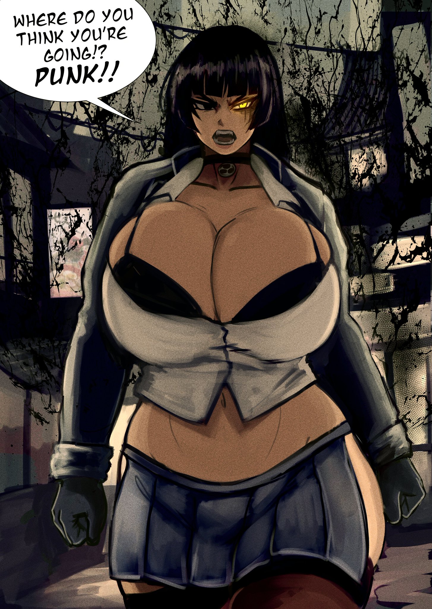 angry, big breasts, black bra, black hair, breasts, breasts bigger than head, choker, female, gloves, glowing eye, heterochromia, hime cut, huge breasts, jacket, large breasts, long hair, shion (tinboryte oc), short skirt, stockings, thigh highs, tinboryte