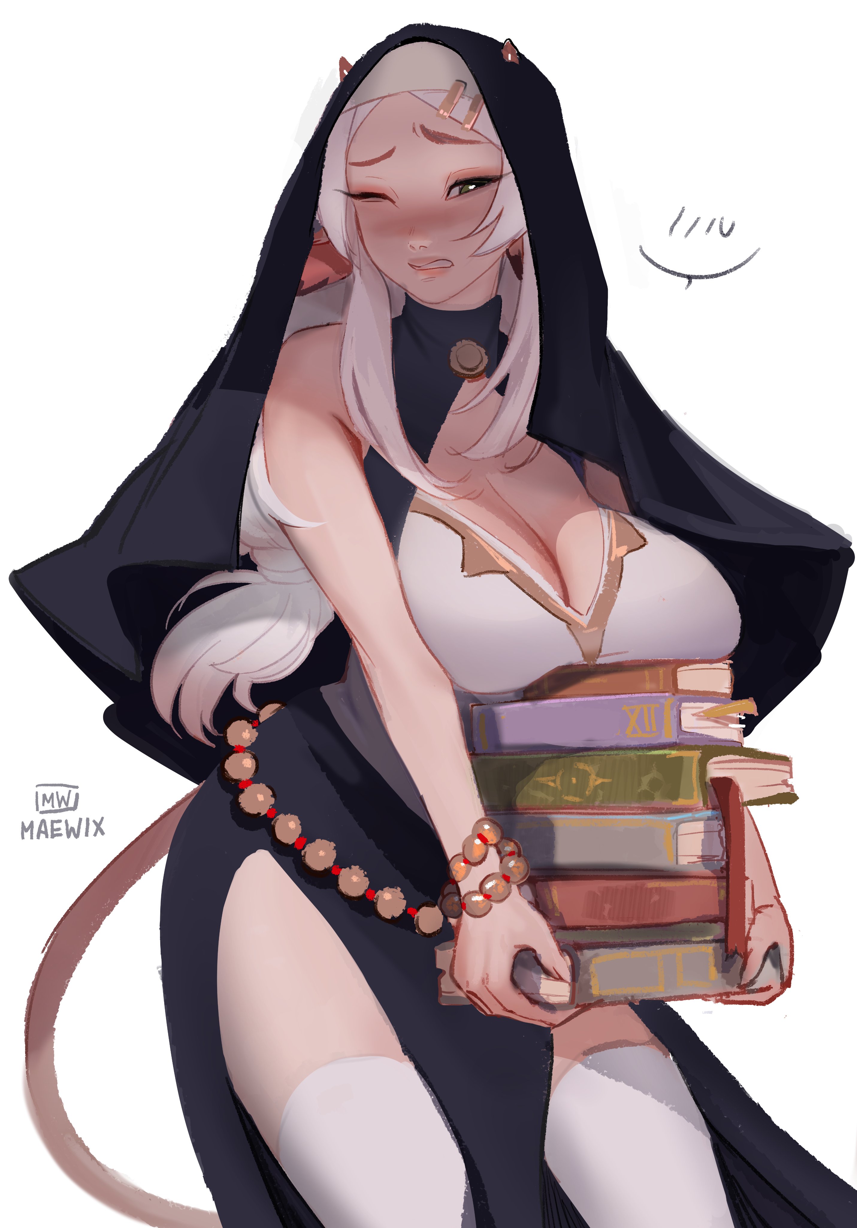 1girls, absurd res, artist name, artist signature, big breasts, blush, books, breasts, caprine, caprine humanoid, carrying books, cleavage, female, female only, goat girl, goat horns, horns, humanoid, long hair, maewix1, muna (maewix), narrowed eyes, nun, nun outfit, one eye closed, pearls, solo, tail, thighhighs, veil, white background, white hair, white thighhighs