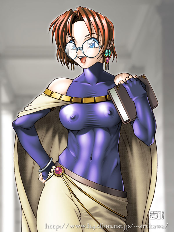 1girls abs abs_visible_through_clothing areolae arikawa athletic athletic_female bangs bare_shoulders blue_eyes book bracelet breasts brown_hair busty cape earrings erect_nipples eyebrows_visible_through_hair female female_focus female_only glasses gloves hand_on_hip harem_pants holding_book hourglass_figure ila_(rune_soldier) jewel light_skin light_skinned_female medium_breasts navel navel_visible_through_clothes nerd nerdy_female nipple_bulge nipples nipples_visible_through_clothing open_mouth out_of_frame pinup pinup_pose red_hair round_glasses rune_soldier_(mahou_senshi_louie) see-through see-through_clothing shiny shiny_clothes shiny_hair short_hair simple_background skin_tight solo tagme wide_hips