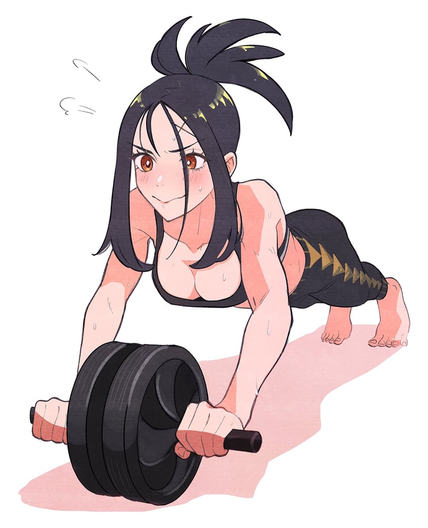 1girls ab_roller athletic_female bare_arms barefoot black_hair black_pants black_sports_bra blush breasts brown_eyes cleavage closed_mouth dendra_(pokemon) exercise eyelashes holding osg_pk pants pokemon pokemon_sv solo sport_clothes sports_bra sweat tiptoes toes white_background