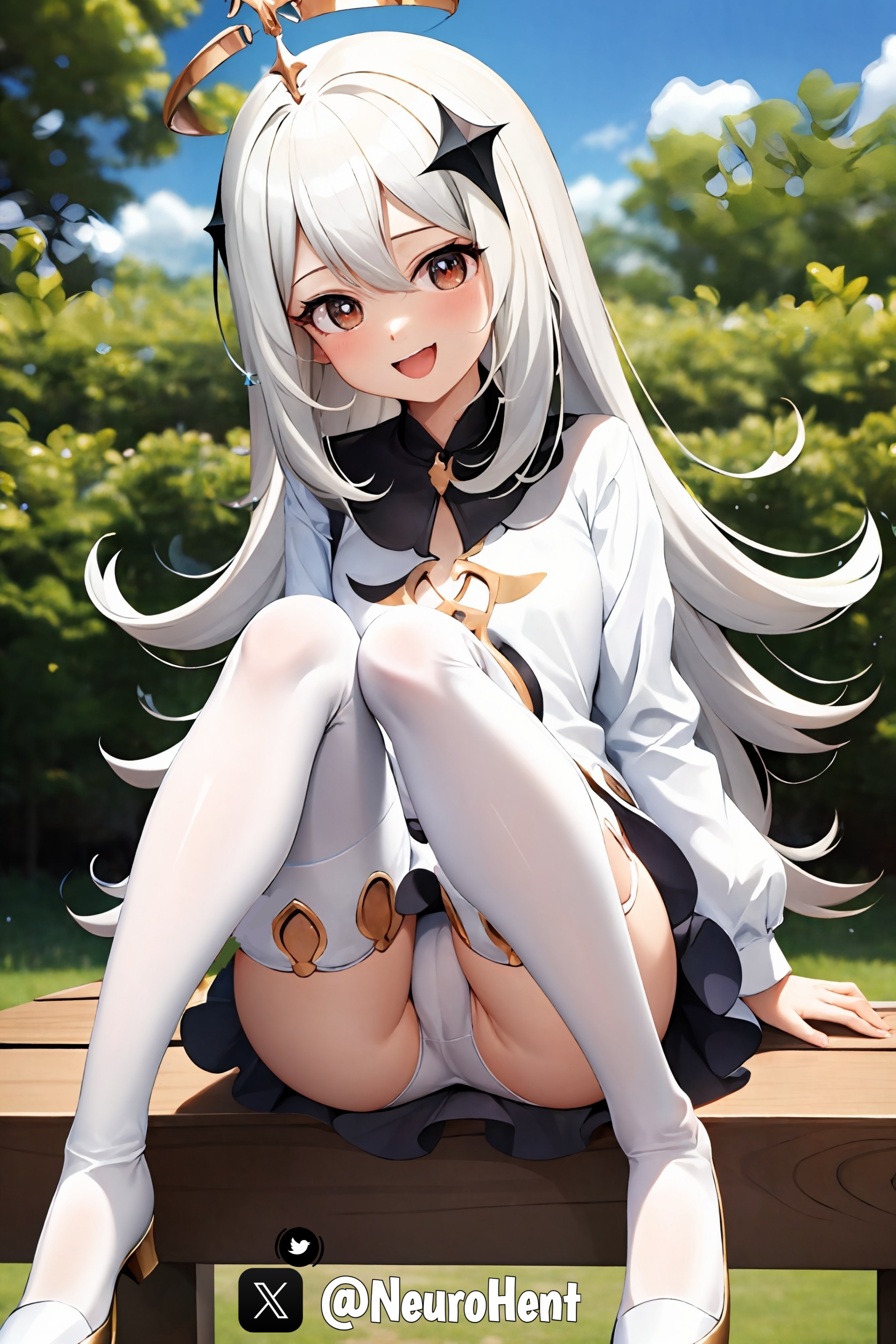 1girls, ai generated, ass, blush, cameltoe, female, female only, genshin impact, happy, legs, long hair, looking at viewer, open mouth, paimon (genshin impact), panties, pussy, sitting, skirt, smile, solo, stockings, white hair