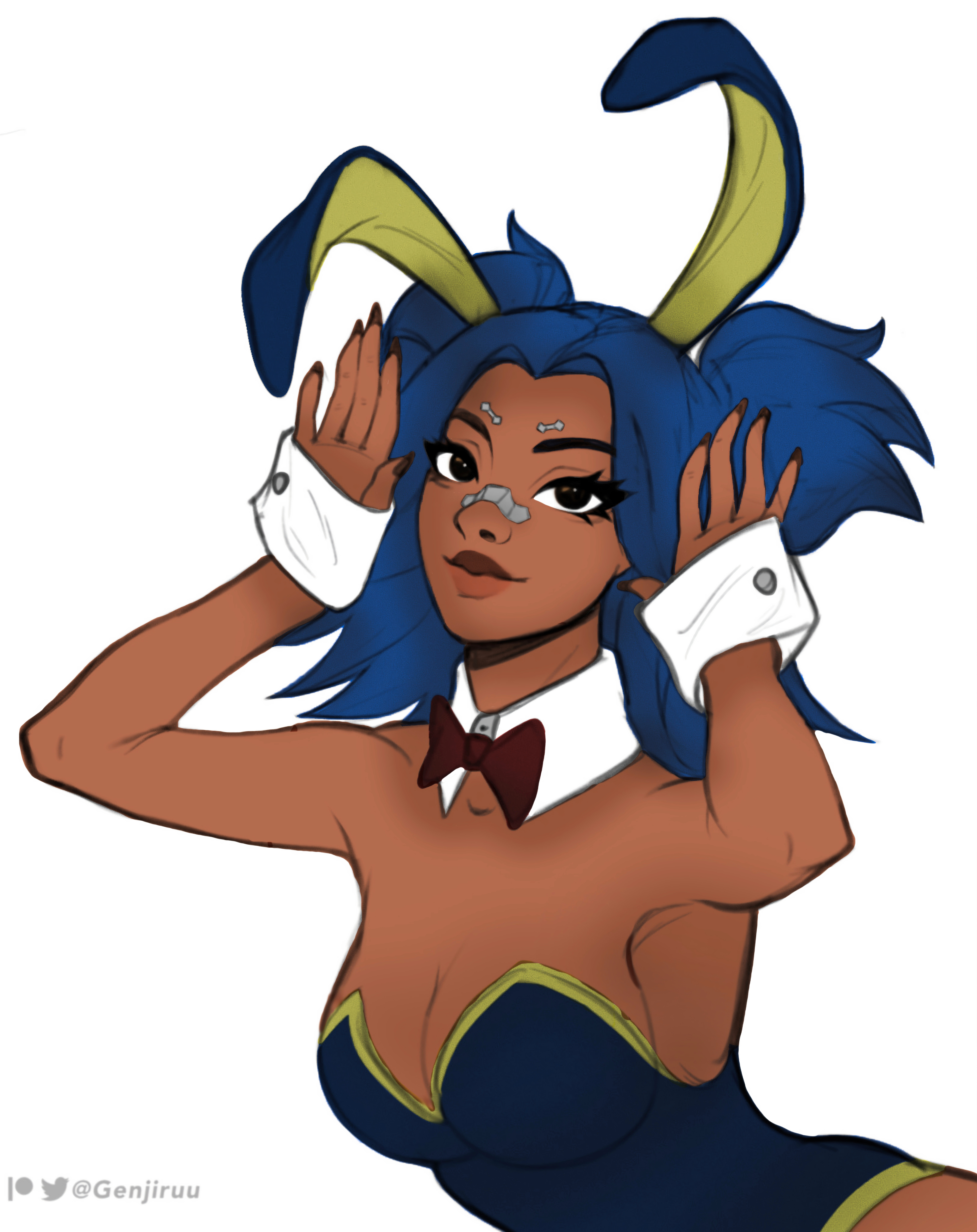 ass, ass up, big breasts, blue hair, breasts, brown eyes, bunny costume, bunny ear, bunny ears, bunnysuit, female, genjiruu, looking at another, looking at viewer, neon (valorant), simple background, thick, valorant