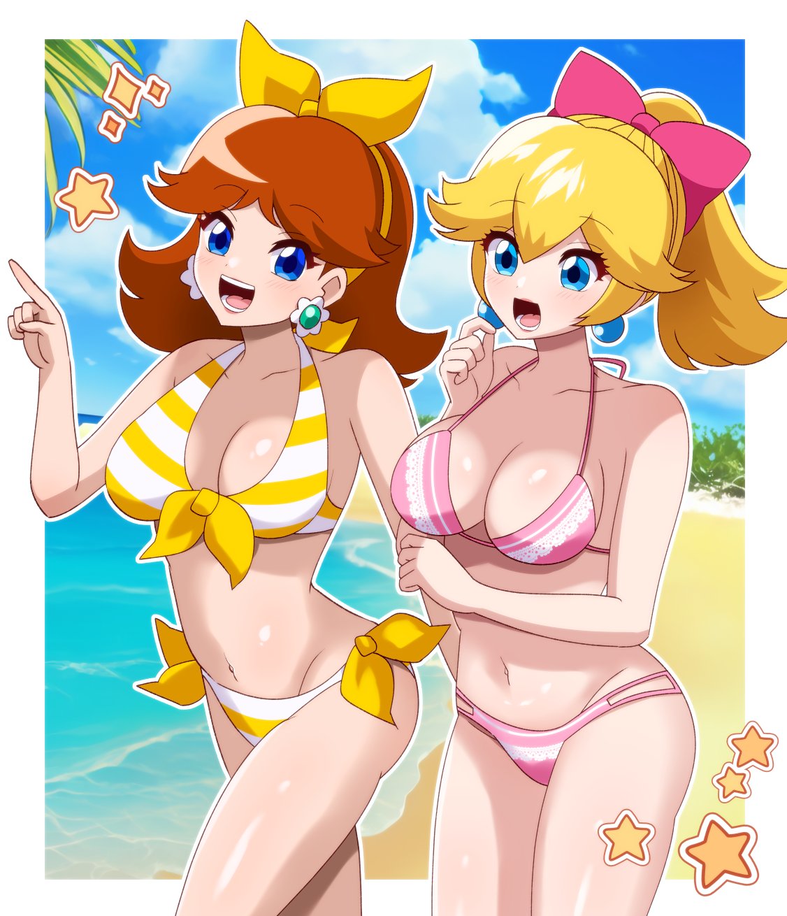 2girls beach bikini blonde_hair blue_eyes breasts brown_hair cleavage day dooon_chaaan earrings female female_only flower_earrings friends grin hair_between_eyes highres jewelry large_breasts legs looking_at_another mario_(series) medium_breasts multiple_girls navel nintendo open_mouth palm_tree ponytail princess_daisy princess_peach ribbon shiny_skin smile standing swimsuit tagme tomboy tree water