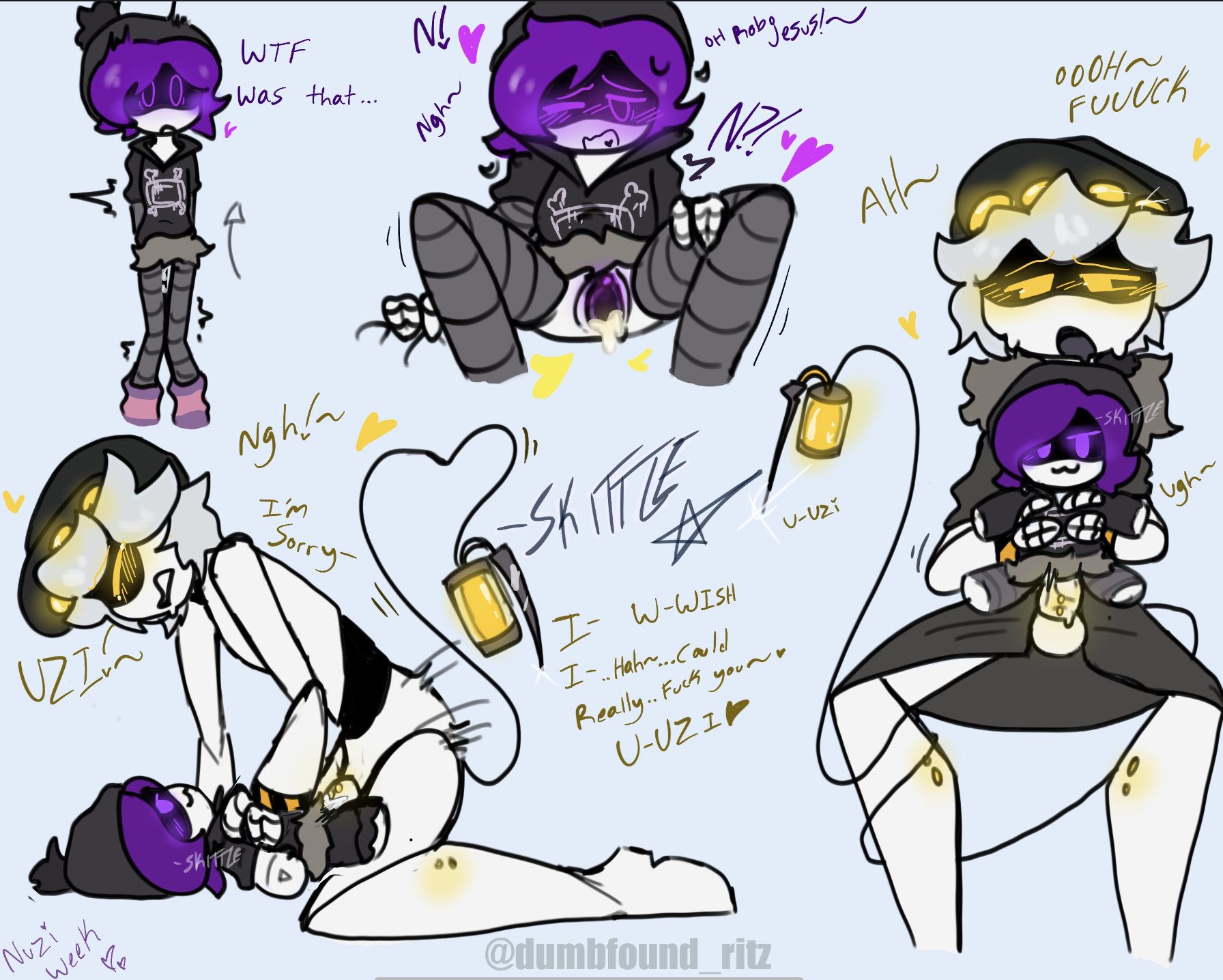 1boy, 1girls, 2d, bluetooth sex, cum, cum in pussy, cum inside, disassembly drone, dumbfound ritz, english text, erect penis, erection, female, glitch productions, half-dressed, humanoid, humanoid female, humanoid male, humping, male, male/female, moaning in pleasure, murder drones, n (murder drones), open legs, penis, plushie, plushophilia, purple hair, pussy, robot, robot boy, robot girl, robot humanoid, screen face, text, twitter username, uzi (murder drones), voodoo doll, worker drone, yellow eyes
