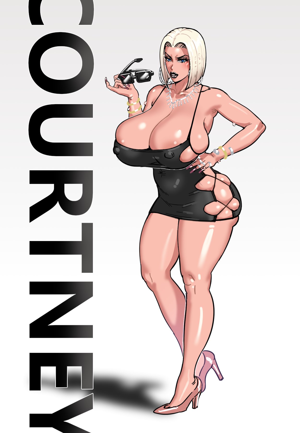 1girls asa_(teng_zi) bare_legs big_breasts big_lips bimbo bimbo_lips black_lips black_lipstick blonde_hair bob_cut bodycon bracelets breasts_bigger_than_head bursting_breasts cleavage clothing_cutout courtney_(fellatrix) curvaceous curvy dress earrings fanart female full_body hand_on_hip high_heels holding_sunglasses hoop_earrings hoop_earrings_oversized jewelry large_breasts lips lipstick little_black_dress long_fingernails looking_at_viewer mature mature_female mature_woman microdress milf navel_visible_through_clothes necklace nipple_bulge original original_character revealing_clothes rings shiny_skin short_hair skin_tight skin_tight_dress skindentation solo solo_female sunglasses thick_lips tight_dress voluptuous