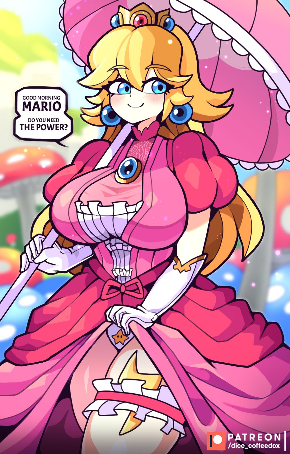 1girls blonde_hair blue_eyes crown dice_coffeedox draw_the_dice dress earrings english_text female gloves huge_breasts lifted_by_self lifted_dress light_skin lipstick mario_(series) outdoors panties pink_dress princess princess_peach smile smooth_skin speech_bubble super_mario_bros. tagme thick thick_thighs voluptuous voluptuous_female white_gloves