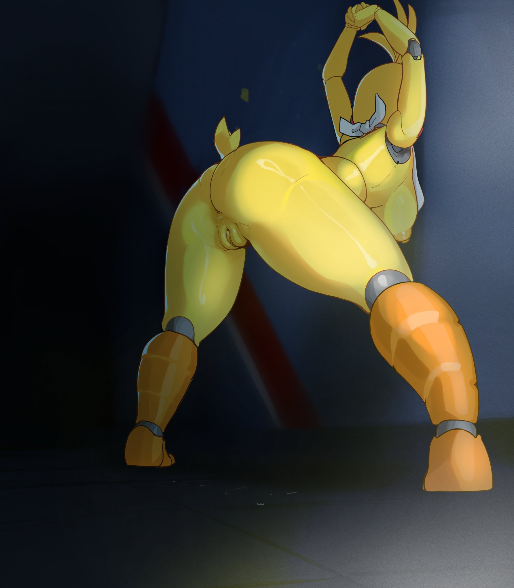 1girls, against wall, anthro, anus, bib, breasts, chicken, digital media (artwork), female, five nights at freddy's, five nights at freddy's 2, hanging breasts, mdthetest, metal, metallic body, orange body, presenting hindquarters, pussy, robot, robot girl, scottgames, solo, toy chica (fnaf), yellow body