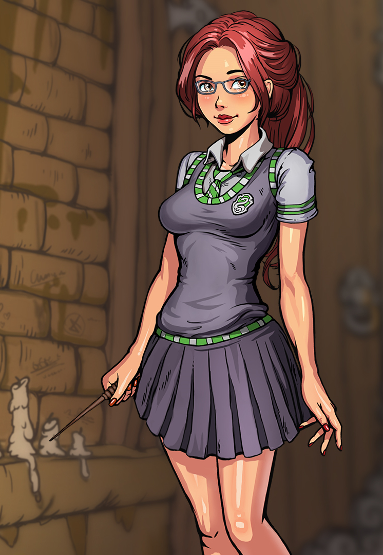 1girls female female_only fully_clothed harry_potter hogwarts hogwarts_school_uniform hogwarts_student innocent_witches magic_wand nola_corey sad_crab scerg school_uniform schoolgirl schoolgirl_uniform siserg slytherin slytherin_tie small_breasts solo witch