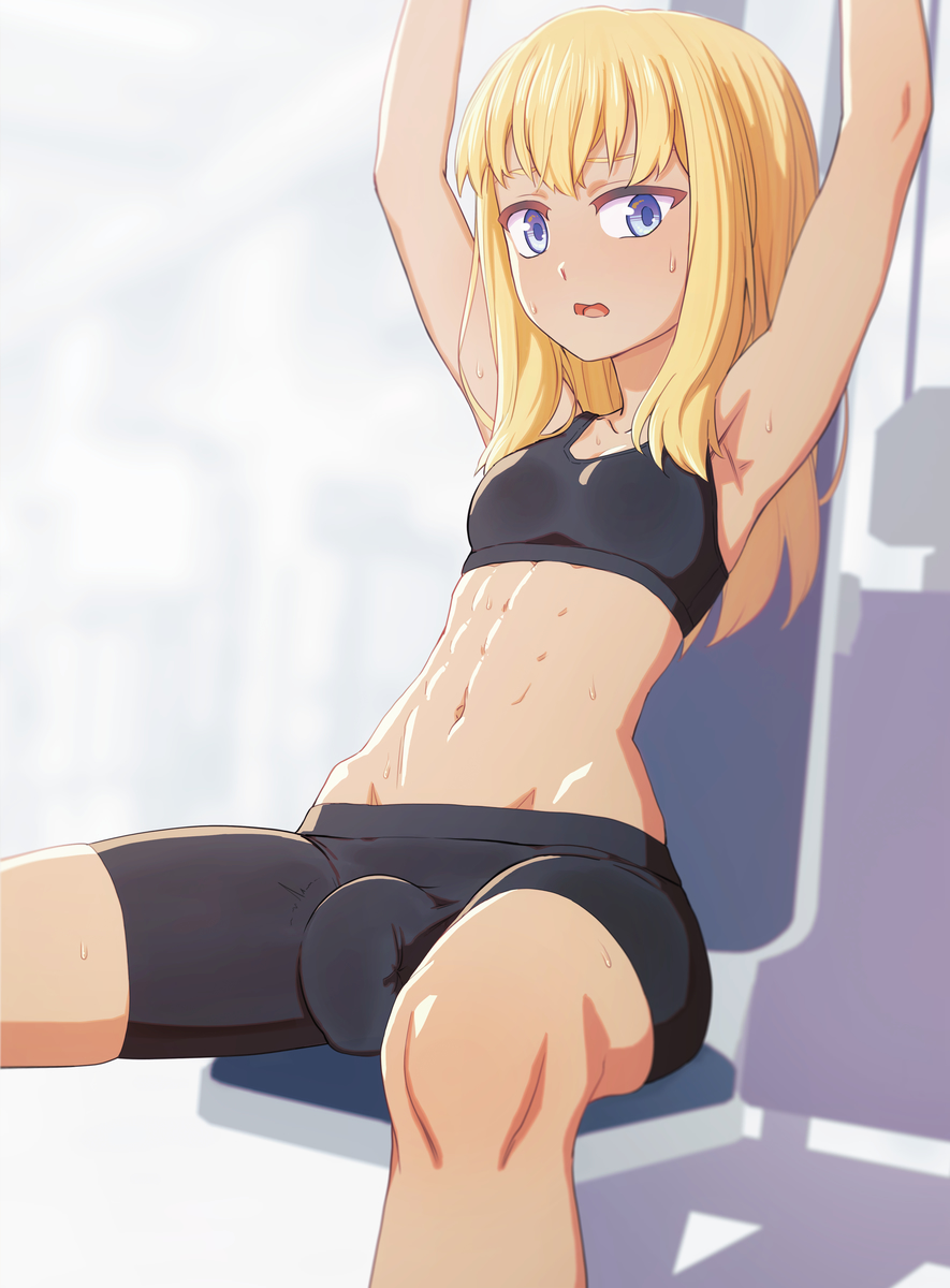 1futa 2023 abs armpits arms_up bare_midriff bare_shoulders big_penis blonde_hair blue_eyes blurry_background blush bodily_fluids breasts bulge clothed clothing crop_top eyelashes fit fit_futanari flaccid fully_clothed futa_only futa_sans_balls futanari gym human light-skinned_futanari light_skin long_hair looking_at_viewer midriff motion_lines muscular_futanari navel open_mouth original original_character penis penis_bulge penis_under_clothes pussy shorts sidelocks simple_background sitting skindentation sleeveless small_breasts solo solo_futa susumu_(zoryc) sweat thick_thighs tight_clothing toned workout workout_clothes zoryc