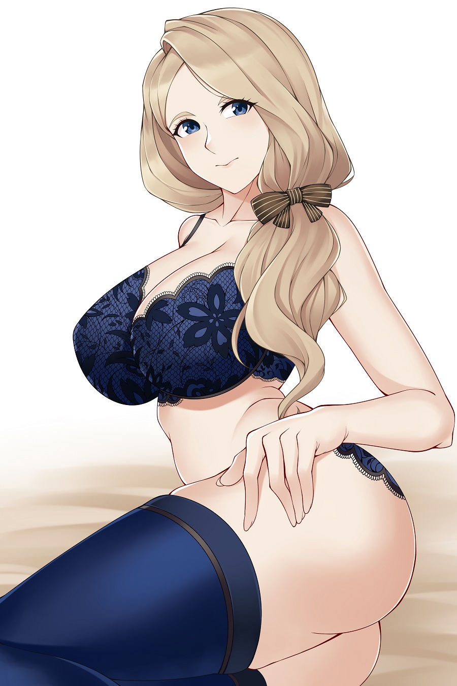 1girls, aslindsamure, ass, bare midriff, bare thighs, big ass, blonde hair, blue eyes, blue lingerie, blue stockings, bra, breasts, cleavage, female, fire emblem, fire emblem: three houses, large breasts, lingerie, long hair, looking at viewer, mercedes von martritz, nintendo, side ponytail, smile, solo, thick thighs, thighhighs