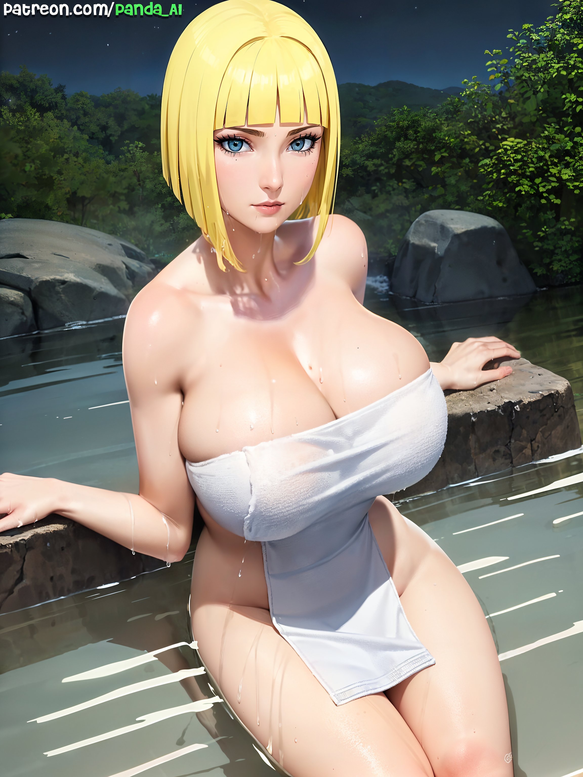 1girls, ai generated, almost naked, barely clothed, big breasts, blonde hair, blue eyes, blunt bangs, bob cut, breast focus, breasts, breasts bigger than head, bust, busty, cleavage, expressionless, eyelashes, feet out of frame, female, female only, hot spring, hourglass figure, huge breasts, kunoichi, large breasts, light skin, light-skinned female, looking at viewer, mature, mature female, mostly nude, nai diffusion, naked towel, naruto, naruto (series), naruto shippuden, ninja, onsen, oppai, outdoors, paipan, pale skin, pale-skinned female, panda ai, patreon username, pink lips, sagging breasts, samui, shiny, shiny hair, shiny skin, short hair, solo, solo focus, stable diffusion, staring, staring at viewer, text, top heavy, top heavy breasts, towel, towel only, upper body, url, voluptuous, watermark, web address