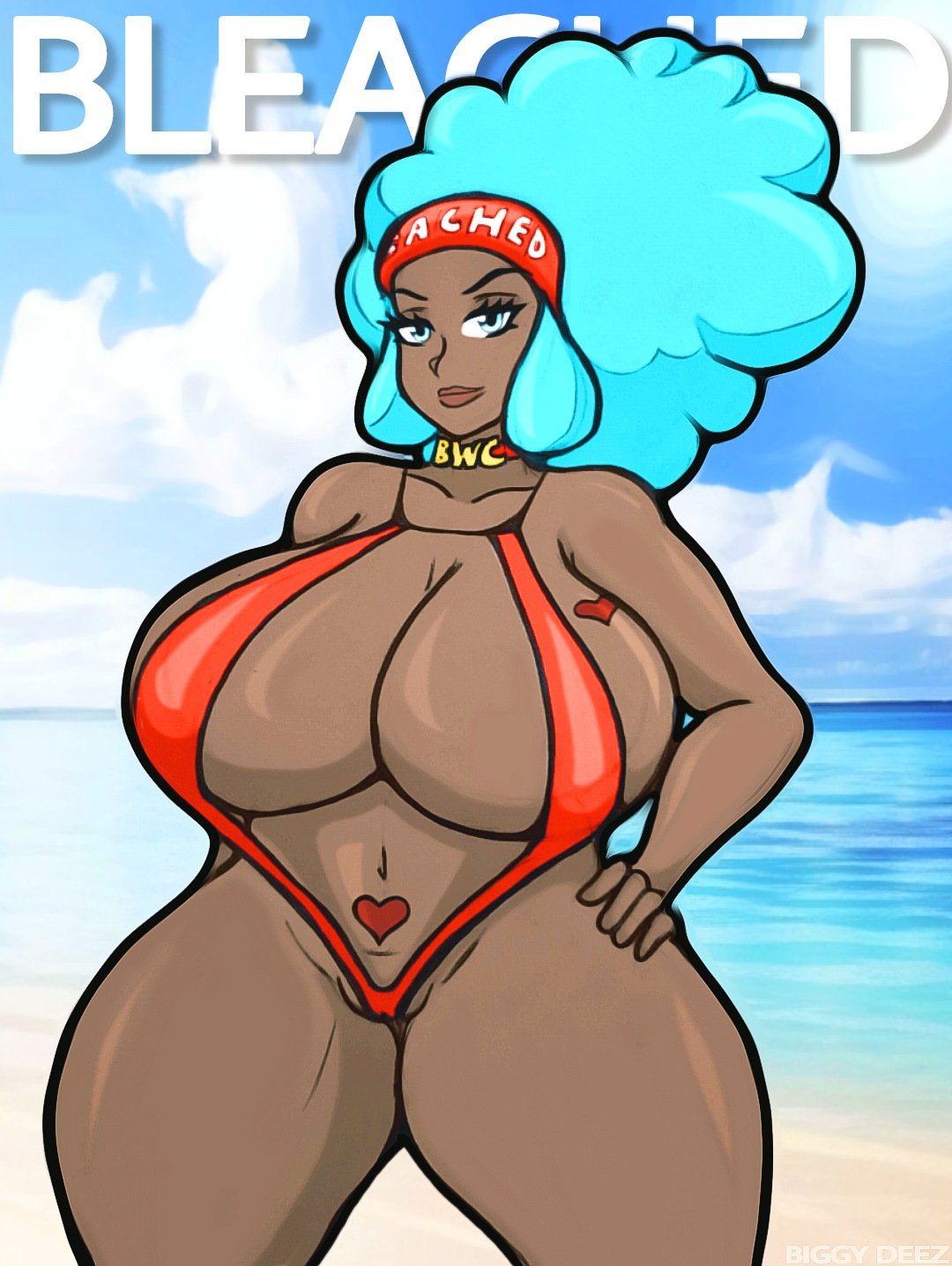 1girls 2023 afro artist_name beach biggy_deez bikini bleached bleached_clothing blue_eyes blue_hair breasts curvaceous curvy curvy_body curvy_female curvy_figure dark-skinned_female dark_skin english_text female female_only game_freak heart_tattoo huge_breasts large_breasts lenora_(pokemon) looking_at_viewer navel nintendo pokemon pokemon_bw pokemon_bw2 queen_of_hearts sling_bikini solo solo_focus tattoo text thick_thighs thighs voluptuous voluptuous_female water