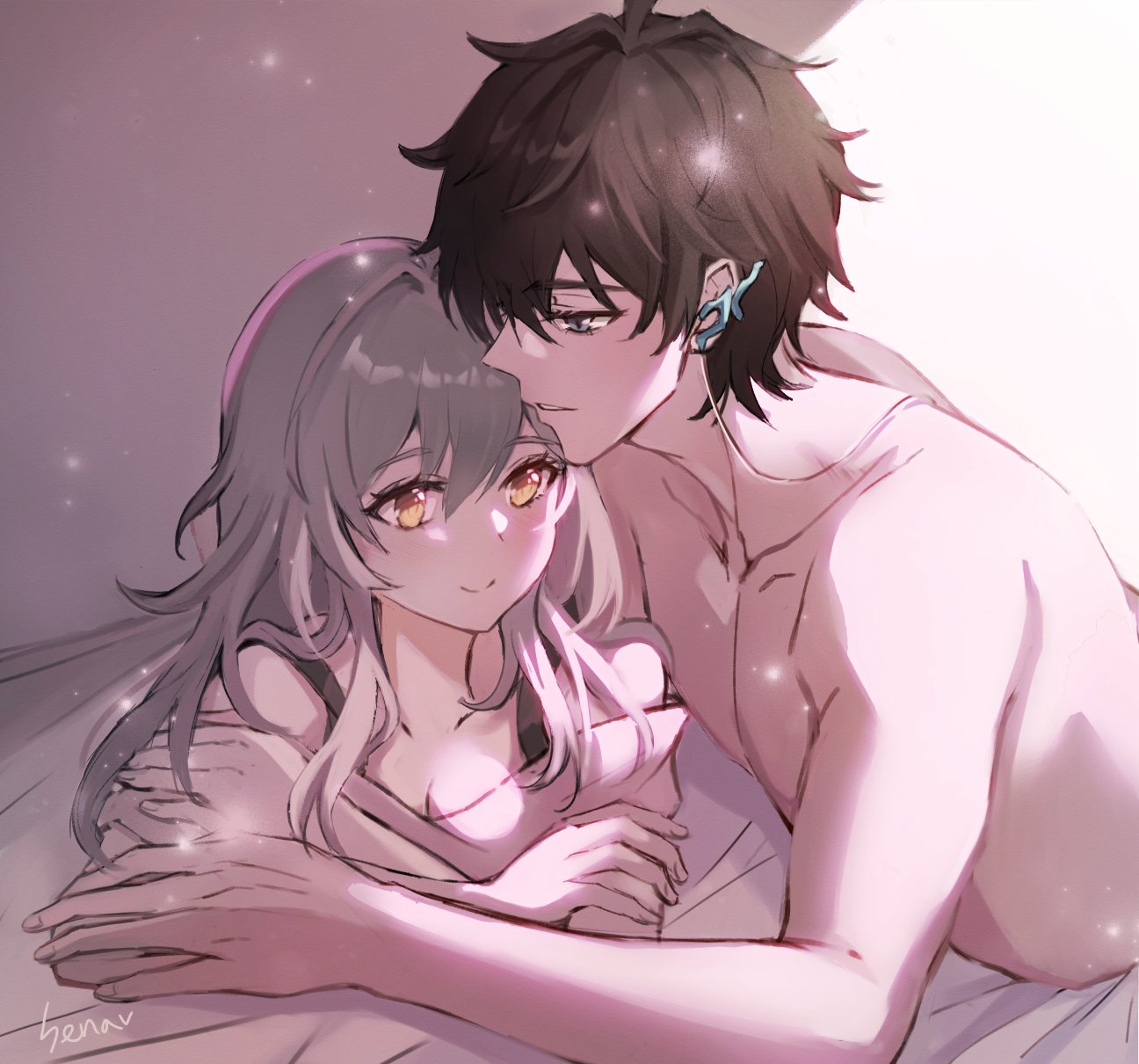 1boy, abs, bed, bedroom, black hair, blanket, closed mouth, cute, dan heng, dan heng (honkai: star rail), earrings, embrace, female, grey eyes, grey hair, highres, honkai (series), honkai: star rail, hug, jewelry, long hair, male, muscular, muscular male, romantic, senasolumi, smile, stelle (honkai: star rail), straight, topless male, wholesome, yellow eyes