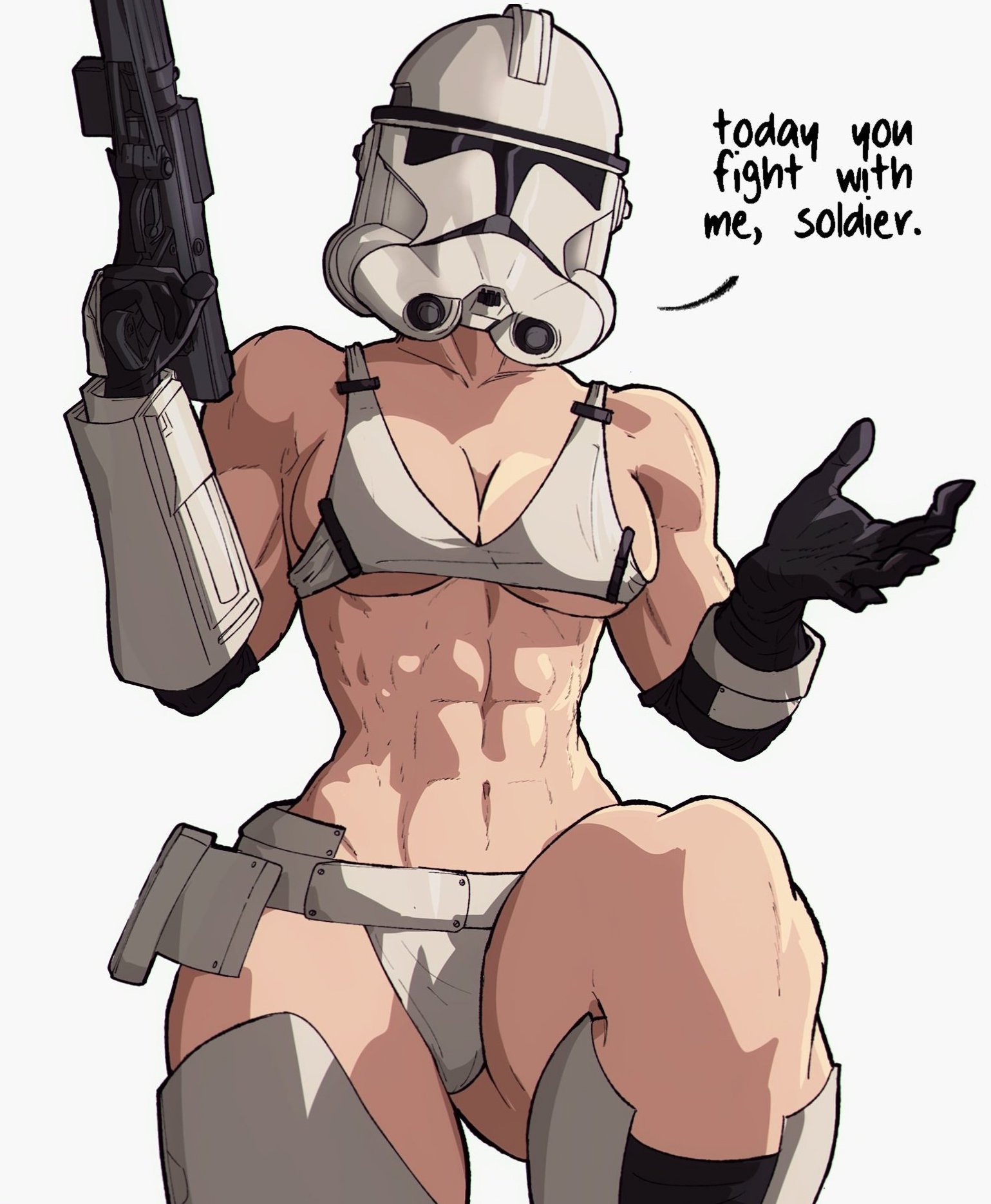 1girls, abs, armored gloves, athletic, athletic female, bare thighs, biceps, big breasts, black gloves, boots, breasts, cleavage cutout, clone trooper, curvy, deltoids, english text, fair-skinned female, female, fit, fit female, genderswap, genderswap (mtf), gun, helmet, holding gun, muscular, muscular arms, muscular female, no artist signature, panties, revenge of the sith, rule 63, sideboob, solo, star wars, thigh boots, thighs, underboob, underwear, white bra, yoracrab