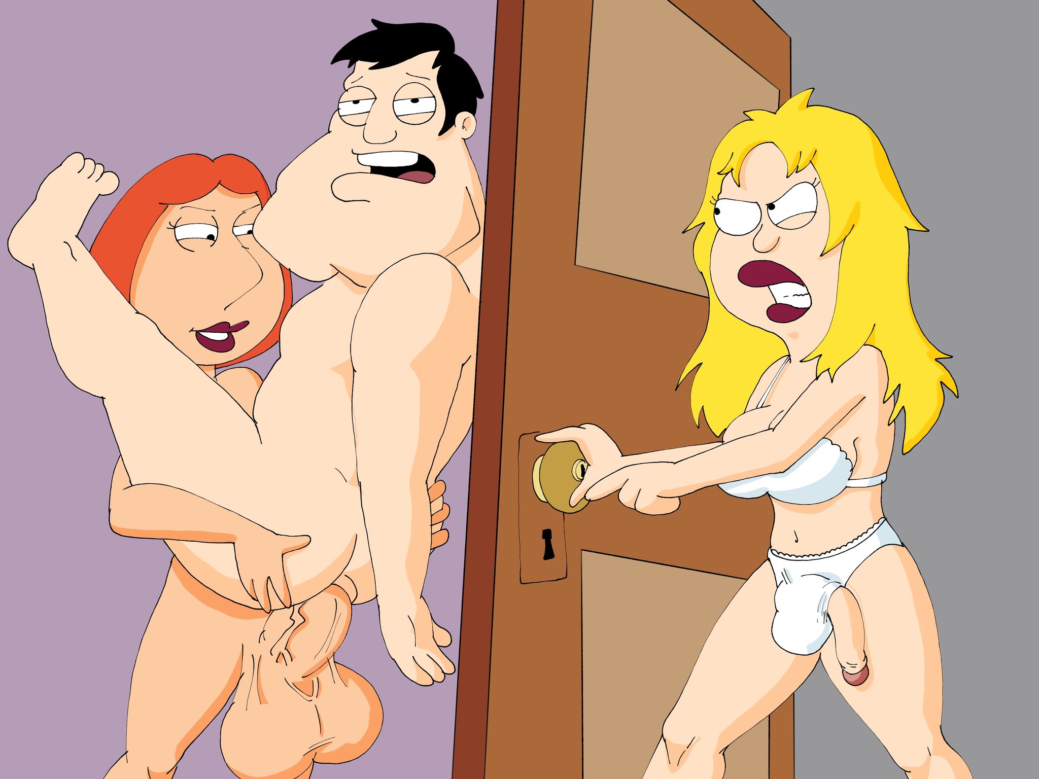 1boy, 2futas, american dad, anal, anal insertion, anal sex, angry, angry expression, angry eyes, angry face, ass, balls, balls in panties, behind door, big ass, big balls, big butt, big testicles, blonde hair, bra, breasts, bulge, cheating, cheating husband, clenched teeth, crossover, cucked by futa, cuckold, cuckquean, family guy, francine smith, fucked senseless, fucked silly, futa on male, futanari, holding ass, huge ass, huge balls, huge breasts, huge butt, huge cock, huge testicles, intersex, large ass, large balls, large breasts, large butt, large penis, larger futa, legs up, lipstick, lois griffin, loving it, male, maxtlat, naked, netorare, ntr, nude, nude futa, nude male, orange hair, panties, passed out, penis, penis through leghole, small penis, smaller futa, smile, smiling, stan smith, testicles, tired, tired eyes, trying to unlock door, underwear, vein, veins, veiny penis, white panties
