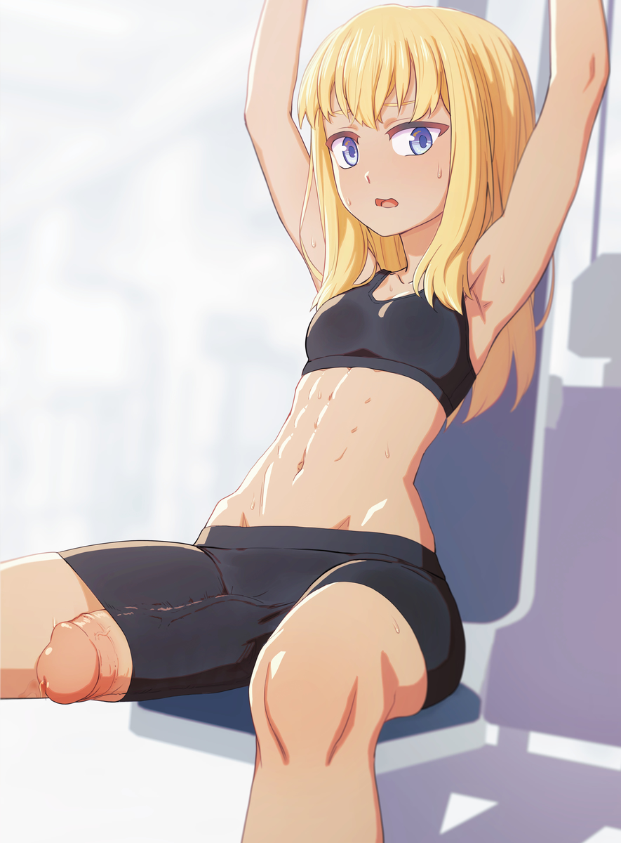 1futa 2023 abs armpits arms_up bare_midriff bare_shoulders big_penis blonde_hair blue_eyes blurry_background blush bodily_fluids breasts bulge cameltail clothed clothing crop_top erection erection_under_clothes eyelashes fit fit_futanari futa_only futa_sans_balls futanari genital_fluids genitals gym huge_cock human light-skinned_futanari light_skin long_hair looking_at_viewer midriff muscular_futanari navel open_mouth original original_character penis penis_bulge penis_out penis_through_leghole penis_under_clothes precum pussy shorts sidelocks simple_background sitting skindentation sleeveless small_breasts solo solo_futa susumu_(zoryc) sweat thick_thighs tight_clothing toned veiny_penis workout workout_clothes zoryc