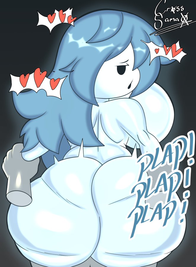 1boy, 1girls, ass, ass ripple, big ass, big breasts, big butt, blue body, blue hair, blue skin, breasts, breasts bigger than head, cross samax, fat ass, female, from behind, ghost, ghost girl, grabbing arms, large ass, large breasts, looking back, looking pleasured, male, plap, sex, spooky (shojs), spooky's house of jump scares, spooky's jump scare mansion, straight, text