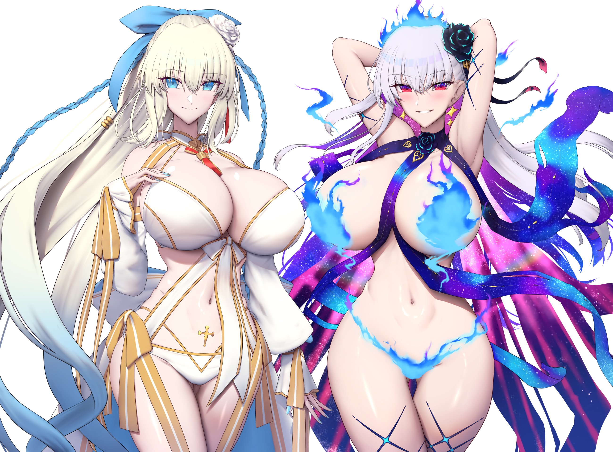 2girls, blue eyes, breasts, commission, fate (series), fate/grand order, female, hips, huge breasts, kama (fate/grand order), kama (swimsuit avenger) (fate), light skin, light-skinned female, long hair, morgan le fay (fate), naughty face, png version available, red eyes, shiroshisu, simple background, smile, swimsuit, thick thighs, thighs, white hair, wide hips