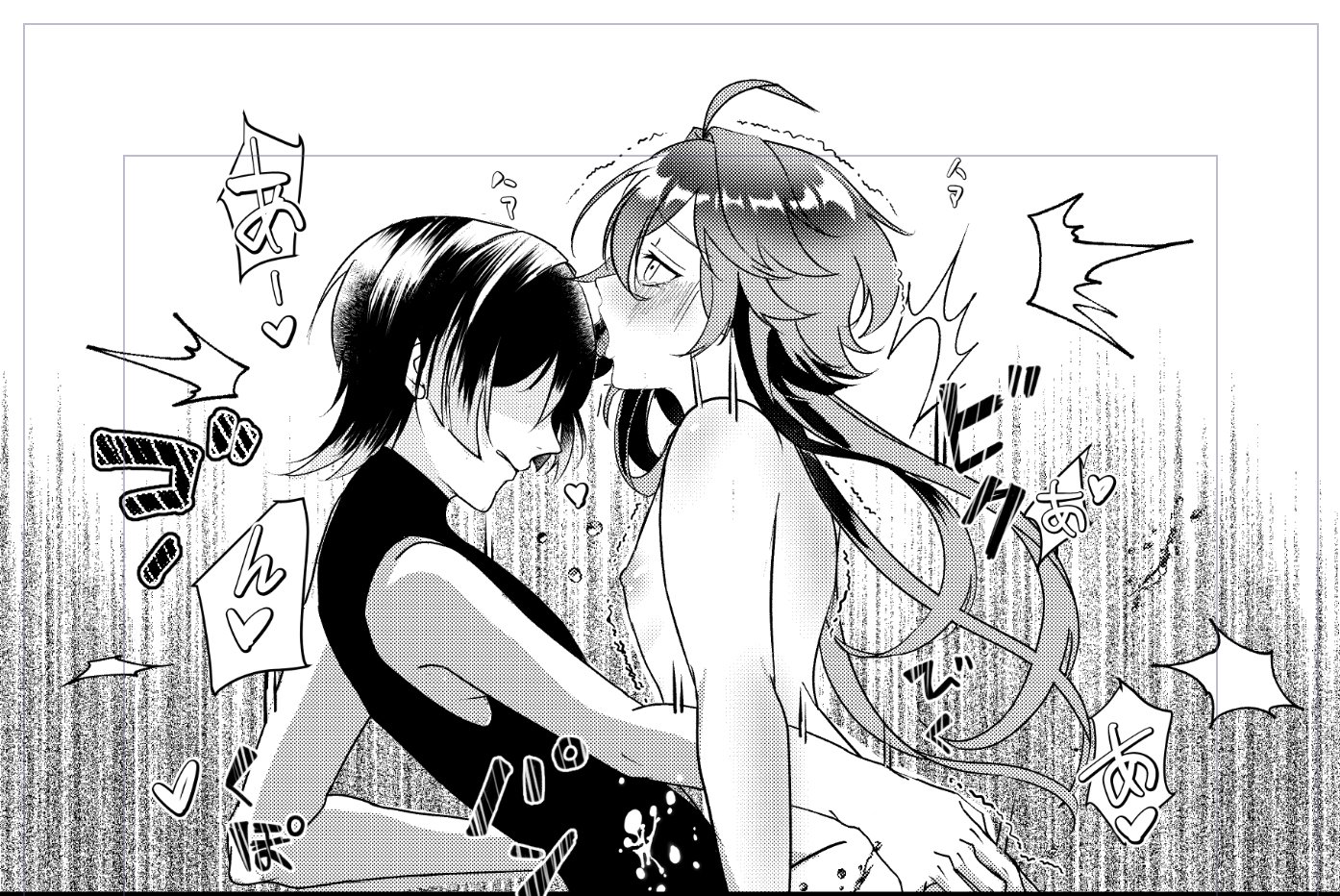 2boys, aether (genshin impact), ass, ass grab, blush, domination, gay, genshin impact, greyscale, heart, hoyoverse, japanese text, long hair, long-haired male, male, male focus, male only, manga style, mihoyo, monochrome, nipples, scaramouche (genshin impact), tongue, tongue out, yaoi