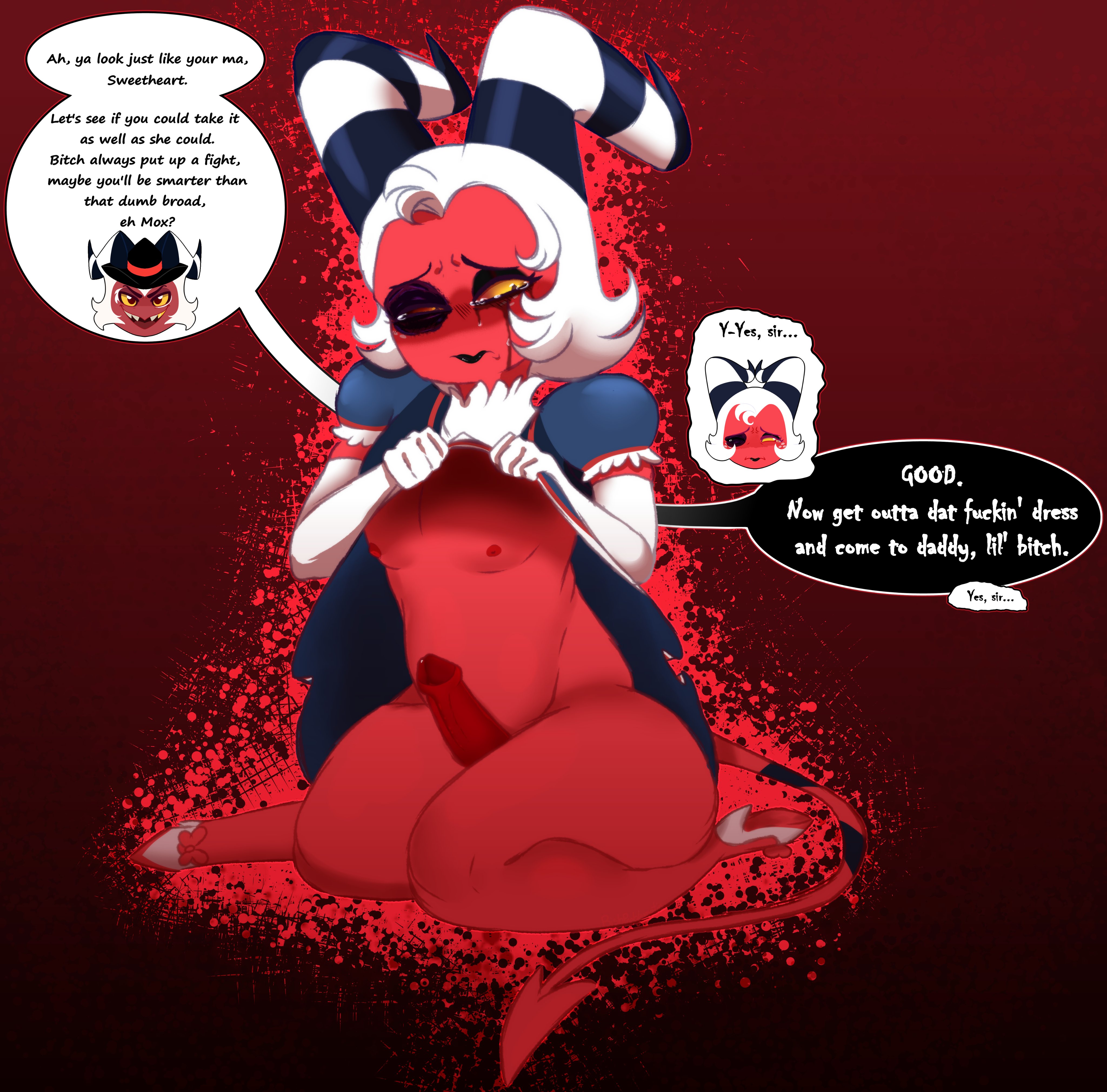 abuse, beaten, black eye (injury), crimson (helluva boss), crying, dress lift, father and son, femboy, femboy dilf, femboy focus, femboy only, femboysub, feminine, feminine body, feminine male, feminine pose, forced, girly, helluva boss, humiliated, makeup running, male, male focus, male only, male/male, moxxie (helluva boss), rape, sexual assault, tagme, tagme (artist), text bubble, unknown artist, vivienne medrano, vivziepop