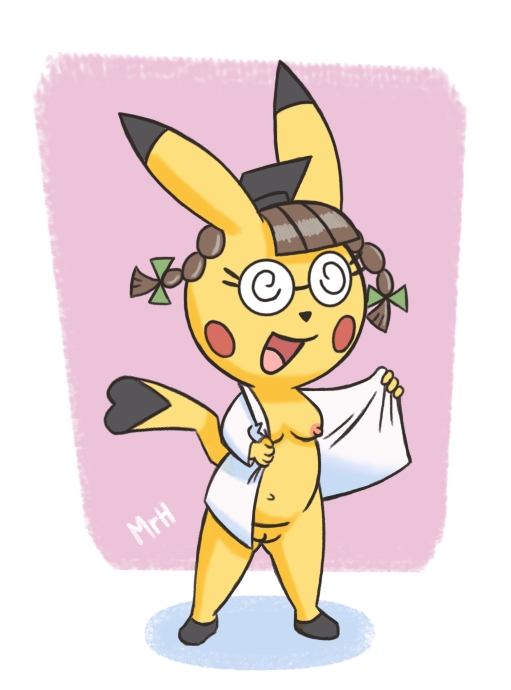 breasts cleft_tail clothing coat cosplay_pikachu cosplay_pikachu_(costume) digital_media_(artwork) el_senor_erizo eyewear female fur generation_1_pokemon genitals glasses hair lab_coat mammal nintendo nipples nude open_mouth pikachu pikachu_ph._d pokemon pokemon_(species) pussy rodent simple_background smile solo topwear undressing video_games yellow_body yellow_fur