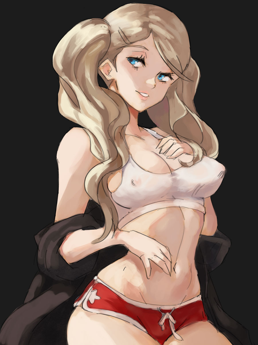 ann_takamaki blonde_hair blue_eyes coat gym_uniform makeup persona persona_5 see-through_clothing shorts slim_waist sports_bra sportswear thats-lewdacris twintails