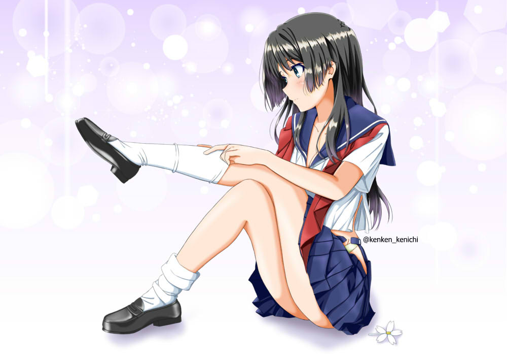 1girls 2020s 2022 anklehighs asymmetrical_legwear black_footwear black_hair blue_sailor_collar blue_skirt dressing female flower full_body green_eyes hair_flower hair_ornament ken'ichi_(silvian125jp) knee_socks kneehighs kneesocks light-skinned_female light_skin loafers long_hair neckerchief open_clothes panties_visible_through_clothing pleated_skirt red_neckerchief sailor_collar sakugawa_school_uniform saten_ruiko school_uniform schoolgirl serafuku shoes sitting skirt socks solo teenage_girl teenager to_aru_kagaku_no_railgun to_aru_majutsu_no_index turn_cuff_socks twitter_username underwear white_background white_socks young