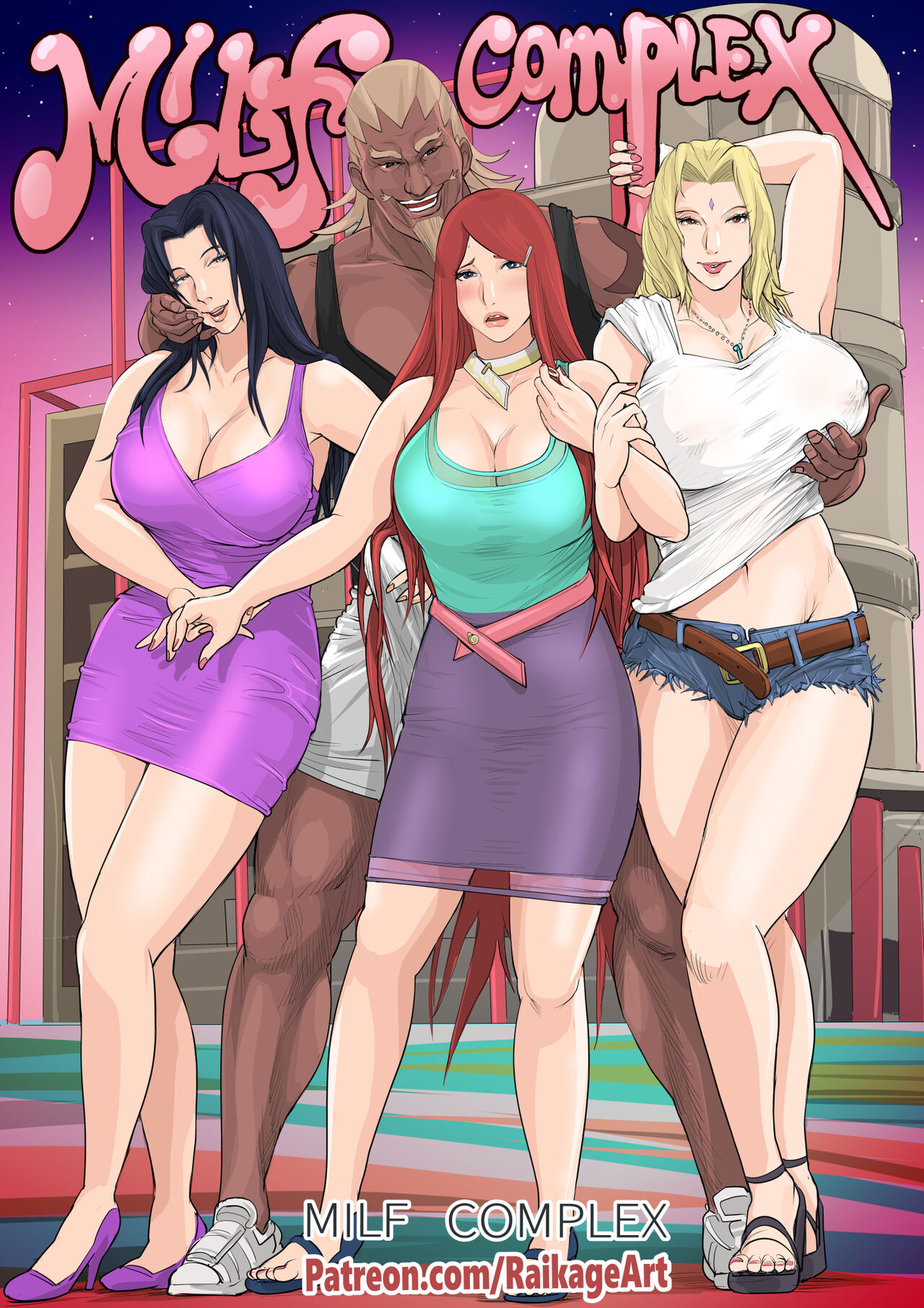 1boy, 3girls, big breasts, black hair, blonde hair, breasts, cleavage, clothed, color, comic, comic cover, curvy, dark skin, dark-skinned male, female, hand on breast, high heels, interracial, long hair, male, milf, mother, multiple females, multiple girls, naruto, naruto (series), naruto shippuden, nervous, raikage, raikage art, red hair, smirk, tagme, tsunade, uchiha mikoto, uzumaki kushina