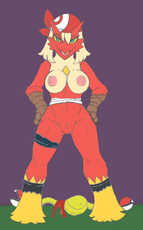 after_transformation alternate_species anthro aroused aroused_face aroused_smile avian bandana bare_shoulders beak bedroom_eyes big_breasts bird black_claws blaziken blonde_hair blue_eyes bottomless breasts bursyamo chicken claws clothed clothing enjoying erect_nipples eyelashes fanny_pack female fingers footwear front_view fur galliform gallus_(genus) generation_3_pokemon genitals grass hair hand_on_butt huge_breasts ivanks kerchief looking_at_viewer lust_transformation may_(pokemon) medium_hair mental_transformation mostly_nude narrowed_eyes navel nintendo nipples non-mammal_breasts non-mammal_nipples open_mouth panties phasianid plant pokeball pokemon pokemon_(species) pupils pussy red_body red_clothing red_fur red_panties red_underwear reix seductive simple_background slit_pupils socks solo species_transformation spread_legs spreading standing talon_hands tan_body tan_fur thick_thighs tongue topless torn_clothing torn_footwear torn_panties torn_socks torn_underwear transformation underwear yellow_body yellow_fur yellow_sclera