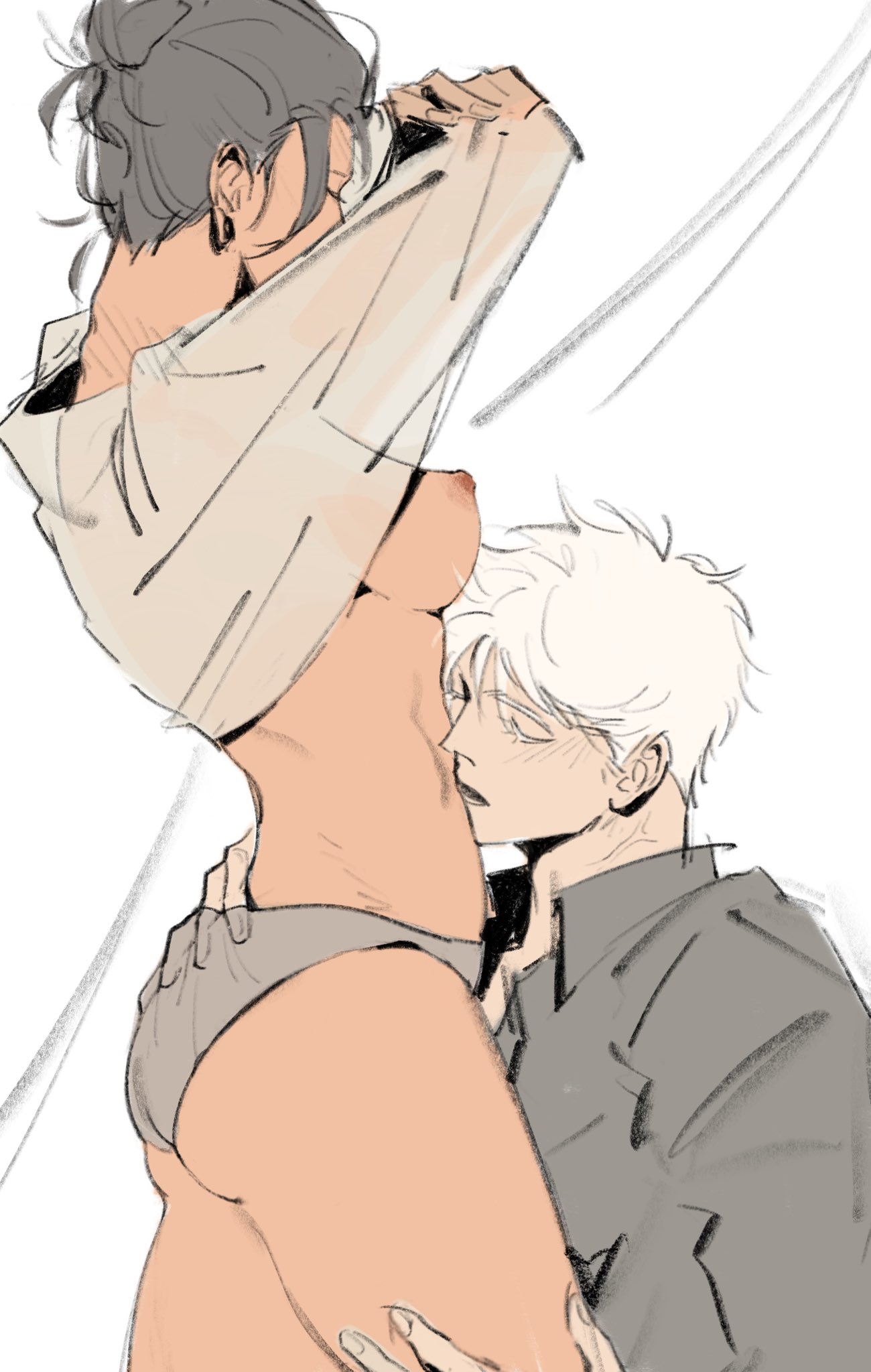 1boy, 1girls, black hair, breasts, brown body, ear piercing, female, jujutsu kaisen, kissing, long sleeves, male, male focus, male/female, milf, nipples, rule 63, satoru gojo, suguru geto, uncensored, white hair