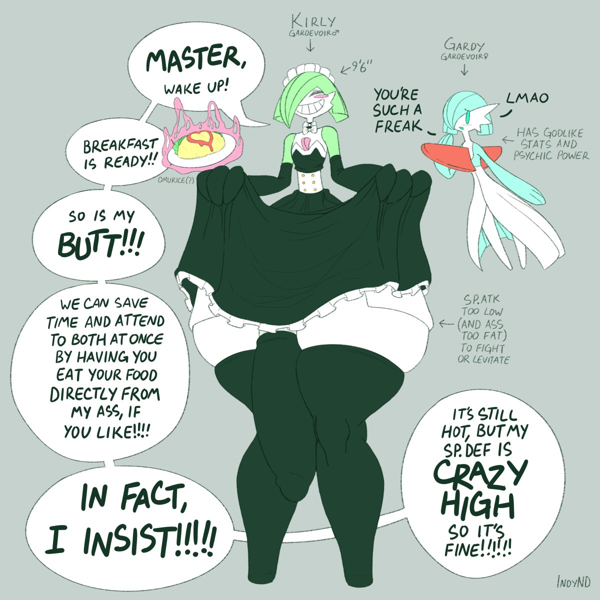 1boy, androgynous, ass, ass bigger than head, big ass, big butt, big penis, bottom heavy, bubble ass, bubble butt, clothing, cock sleeve (clothes), dialogue, english text, femboy, gardevoir, generation 3 pokemon, girly, huge ass, huge cock, huge penis, huge thighs, humanoid, hung trap, indynd, kirlia, kirly (indynd), maid, maid apron, maid outfit, maid uniform, male, male kirlia, mostly clothed, nintendo, penis, pokémon (species), pokemon, pokemon (species), shiny pokemon, smile, smiling, solo, solo focus, solo male, tall, tall male, text, thick thighs, thighhighs