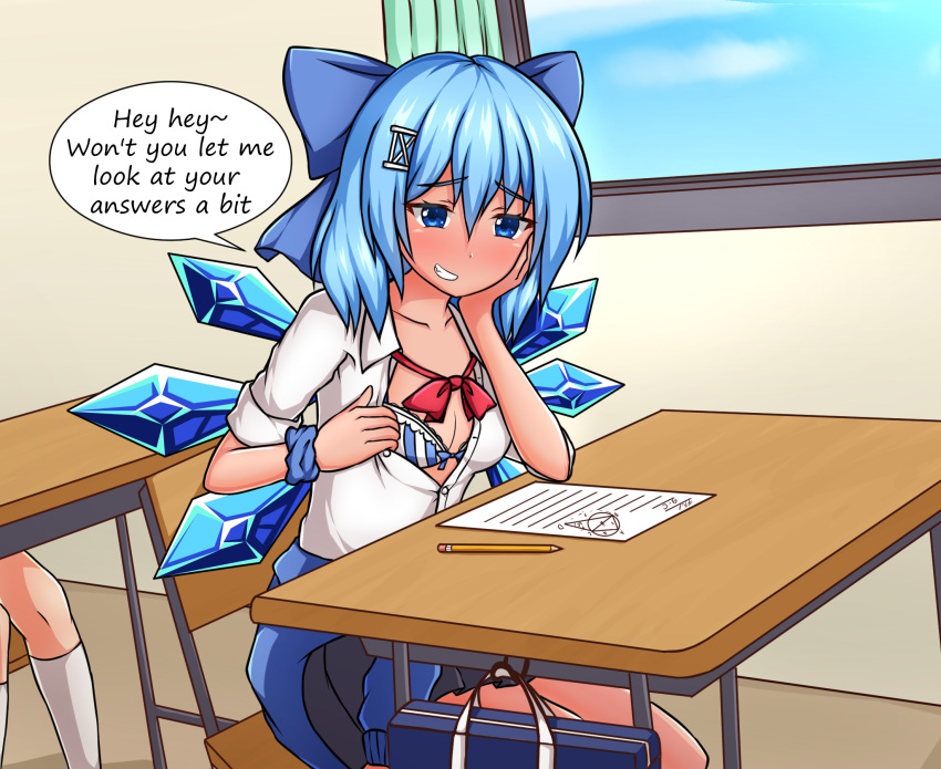 bag blue_eyes blue_hair chair cirno desk english_text pencil school school_bag school_chair school_desk school_uniform showing_off sonicphu speech_bubble tagme touhou translated